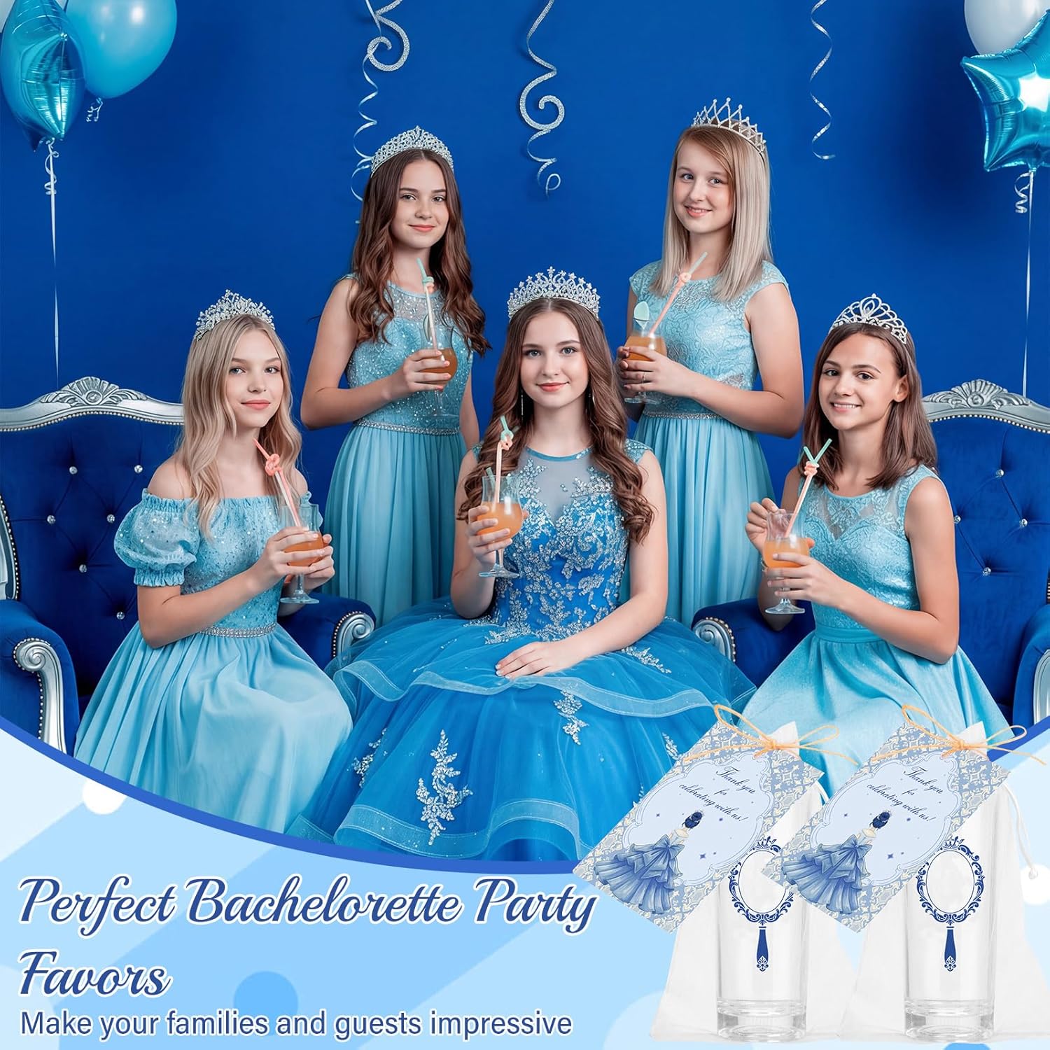 50 Sets Quinceanera Party Favors Bulk for Guests 2.2oz Acrylic Clear Shot Glasses Thank You Cards with Organza Bags Anos Sweet 15 Birthday Party Favors(Blue)