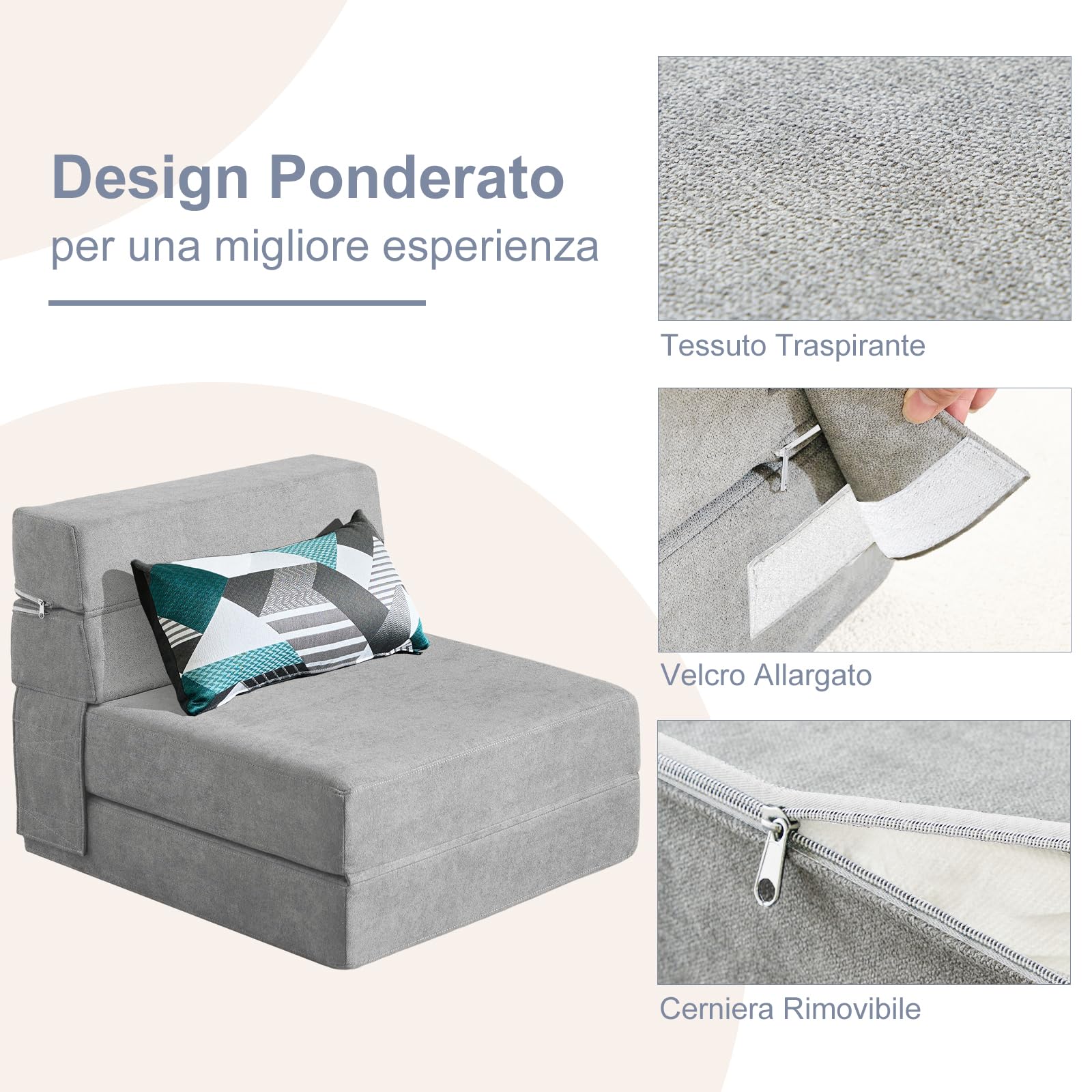 ANONER 70 x 190 cm Divano Pieghevole Futon con Cotone di Memoria e Cuscino, Divano Letto Futon Lavabile Set per Lettura Yoga Ufficio, Grigio Chiaro