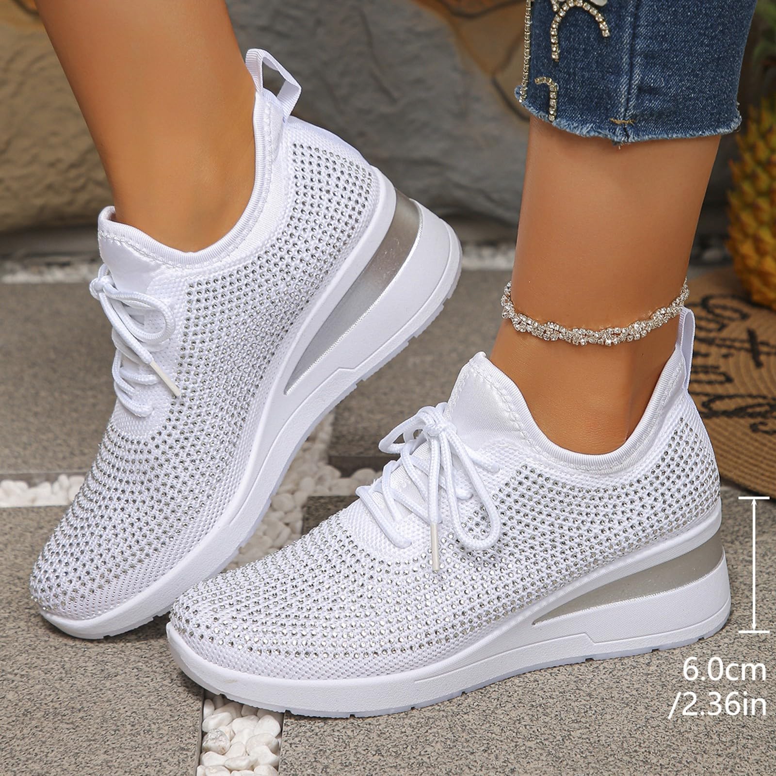 Generisch Sneakers da donna con strass Sparkly alla moda con piattaforma glitterata, scarpe da passeggio, estive in rete, traspiranti, leggere, comode, antiscivolo, per il tempo libero