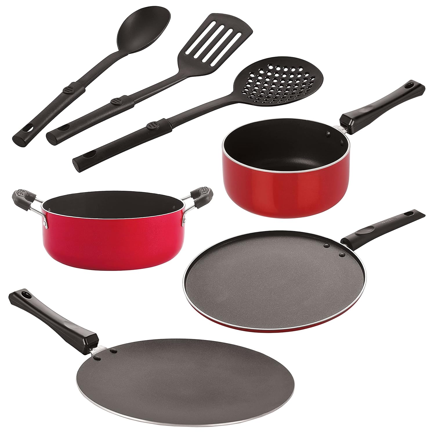 Nirlon Nonstick Coated Aluminium 7 Pcs Set of Concave Tawa-28.5cm,Sauce Pan-18cm,Casserole-22cm,Smart Tawa-26.5cm & 3 Spoon (2.6mm_CT12_SPB_Cass22_ST11_3SPN)