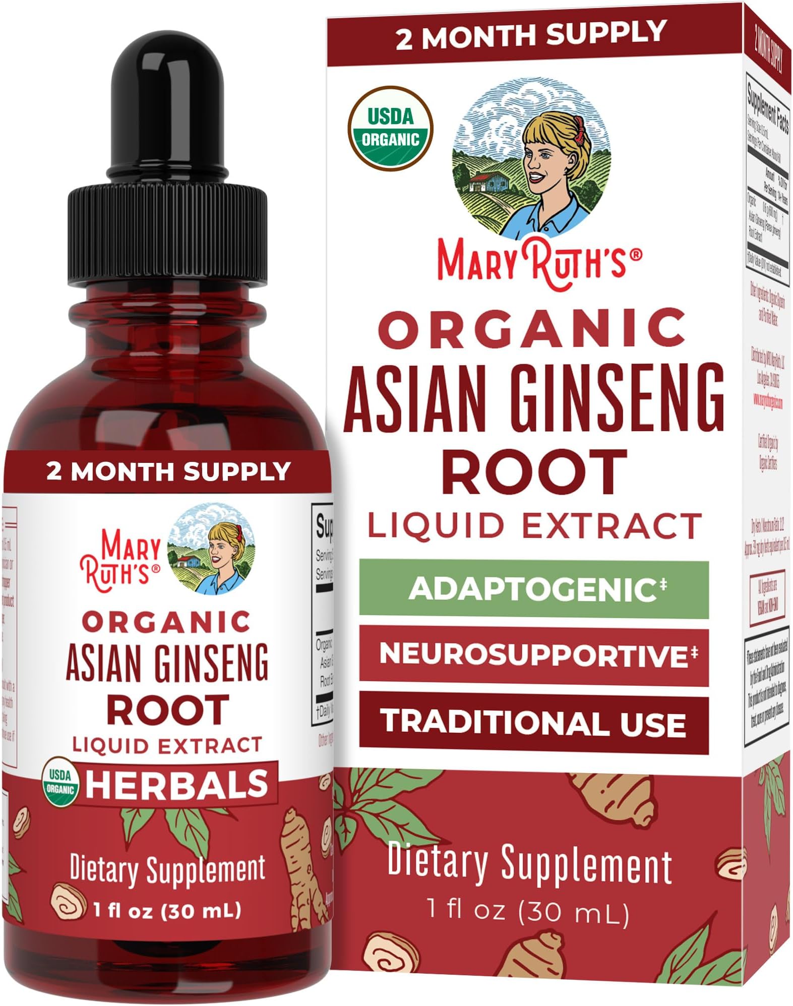 MaryRuth Organics Ginseng | Ginseng Root | Asian Ginseng Supplement | Herbal Supplement for Vitality | Antioxidant | Supports Focus Energy & Endurance | Vegan | Non-GMO | Gluten Free | 1 Fl Oz