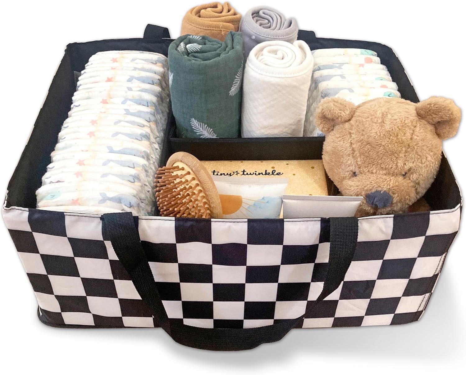 Tiny Twinkle Diaper Caddy Organizer | Foldable Baby Storage Basket with Removable Divider | Waterproof & Mess-Proof Fabric, Portable Nursery Organizer for Newborn Essentials (Black Checkers)