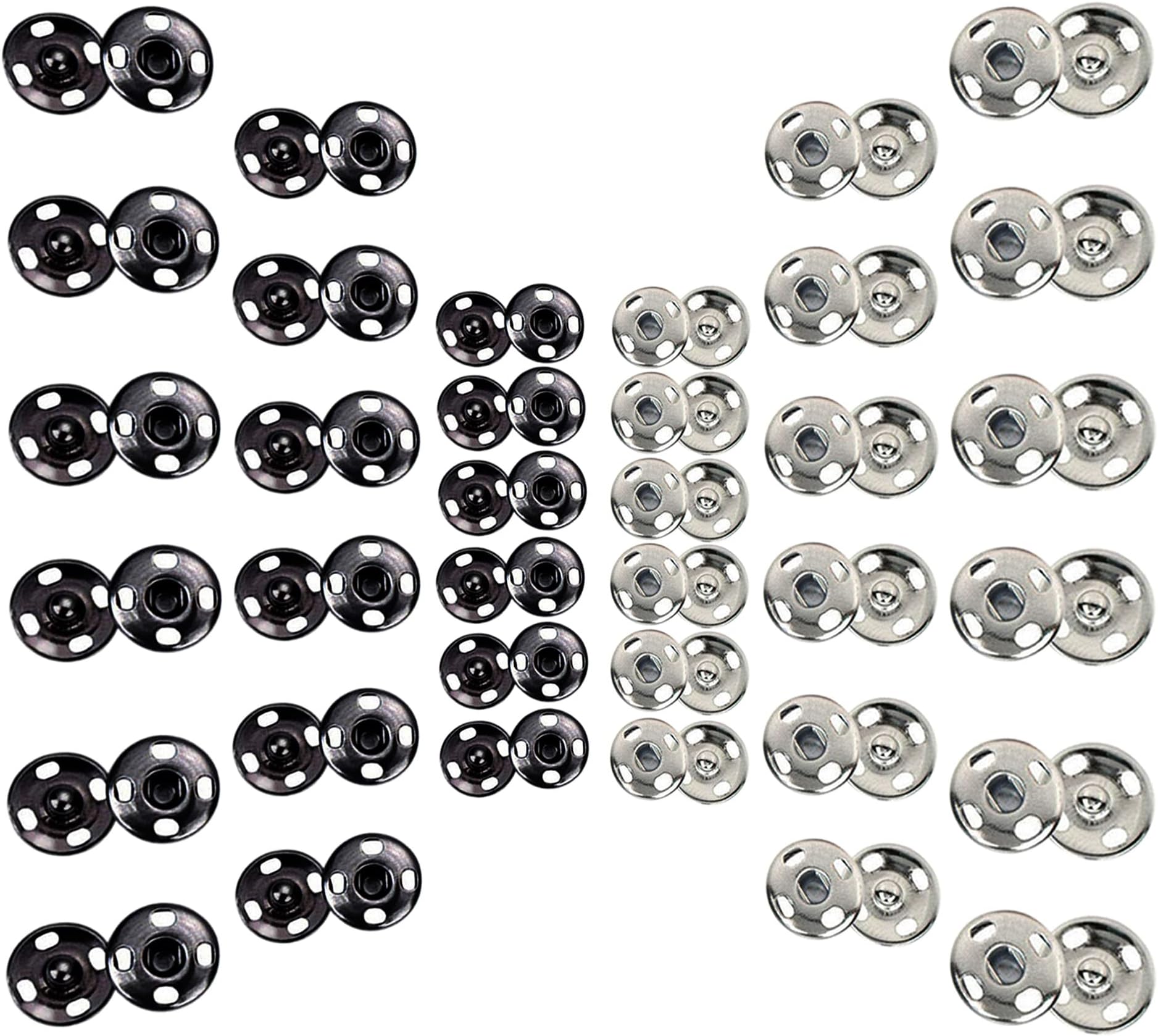Fuman Forest 100 Sets Sew-on Snap Buttons Metal Snaps Fasteners Press Studs Buttons for Sewing, 8.5 mm,10 mm & 12mm,Black & Silver, (Fuman-034)
