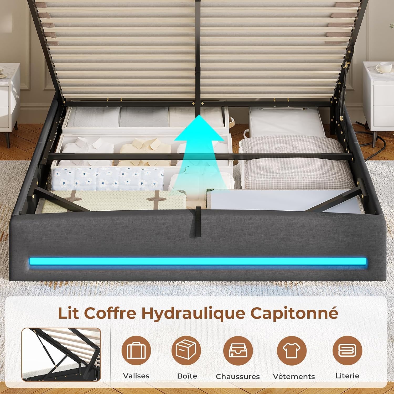 AGOLLATI Letto Contenitore Matrimoniale, Letto 140x190 cm con Illuminazione LED e Stazione di Ricarica, Letto Matrimoniale con Sollevamento Idraulico, Testiera Imbottita con Contenitore, Grigio Scuro