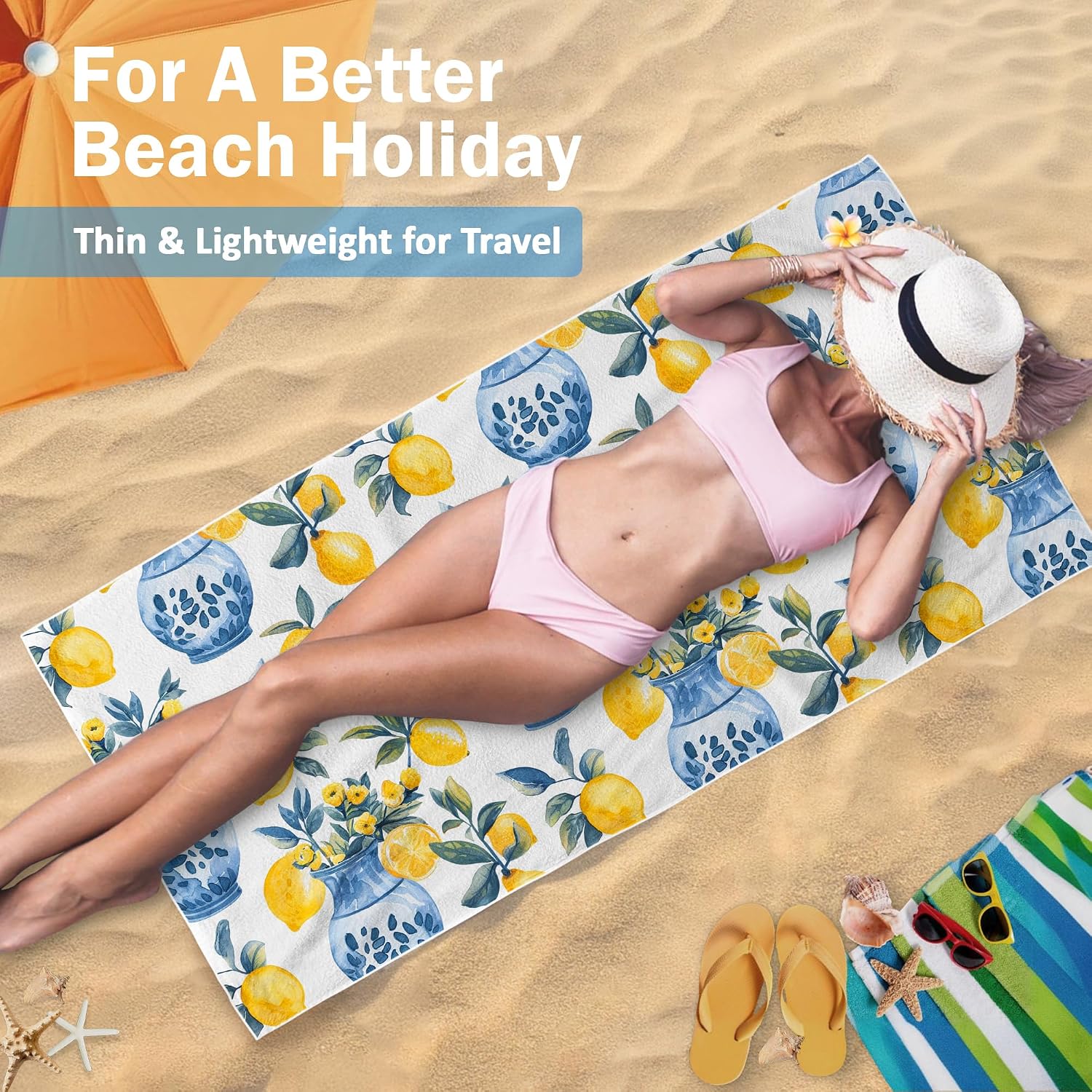 Lemon Italian Amalfi Coast Beach Towel for Women 30x60in | Blue and White Chinoiserie Lemon Microfiber Lightweight Thin Quick Dry Sand Free Beach Towels Decor for Pool Travel Camping