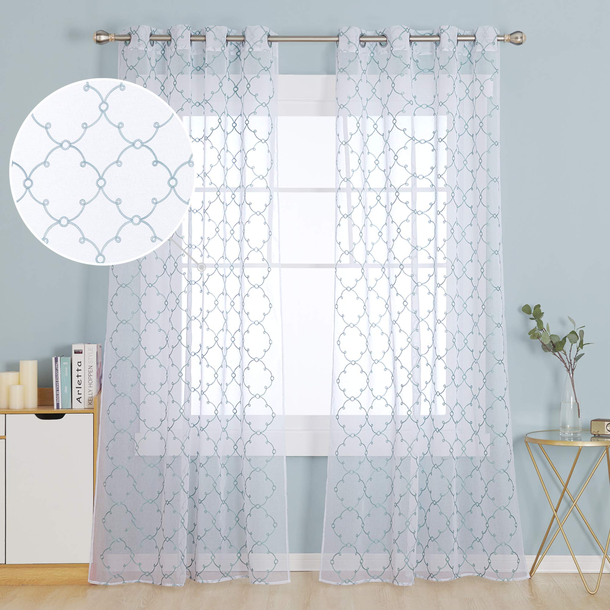 Deconovo Blue Diamond Eyelet Diamond Embroidery Voile Curtains Decorative Net Curtains Semi Transparent Voile Net Curtains 55 X90 Drop Inch Blue Set Of 2