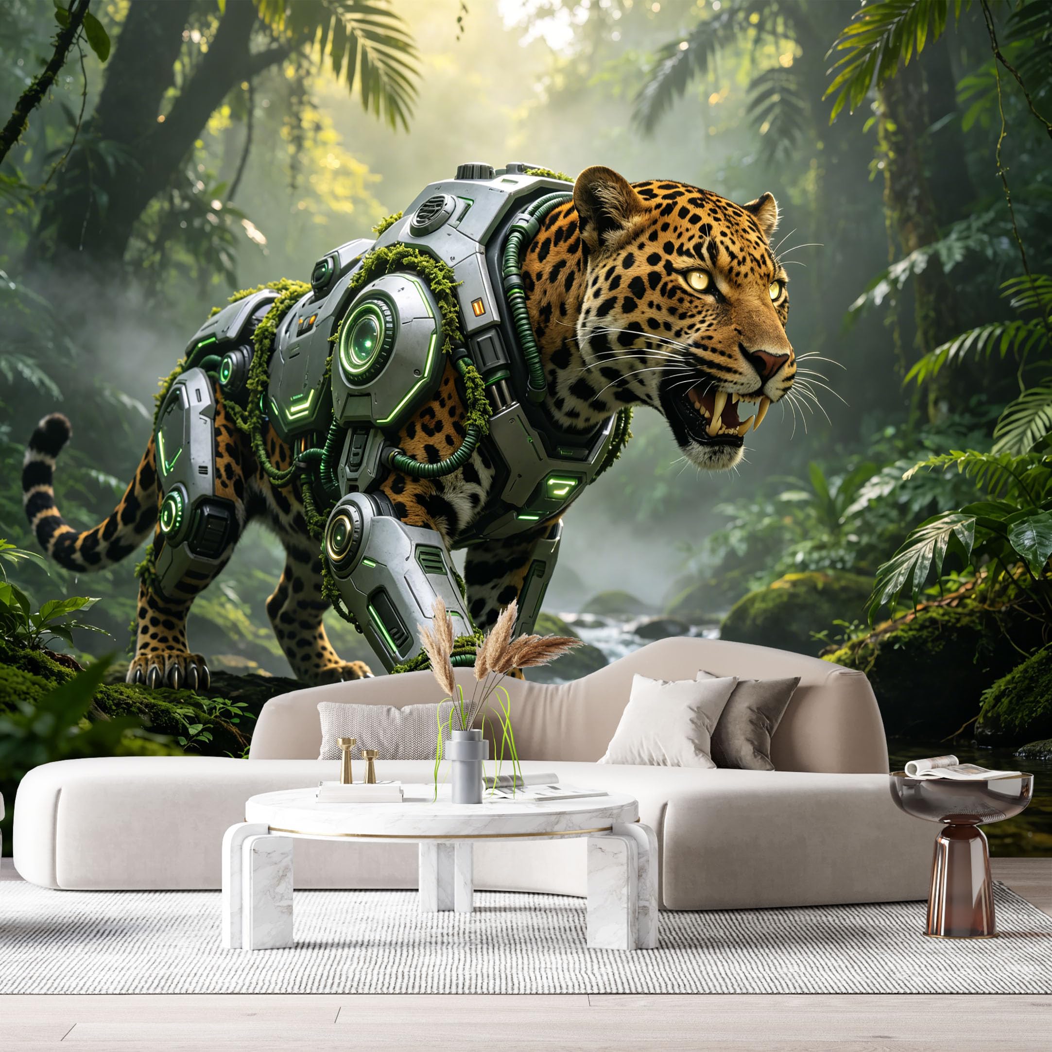 Custom Size Wall Mural Cyber Jungle Mech Leopard Armor Beast Futuristic Animal Science Fiction Style SelfAdhesive Art Prints Removable Large Wallpaper Esports Room Game Room Studio