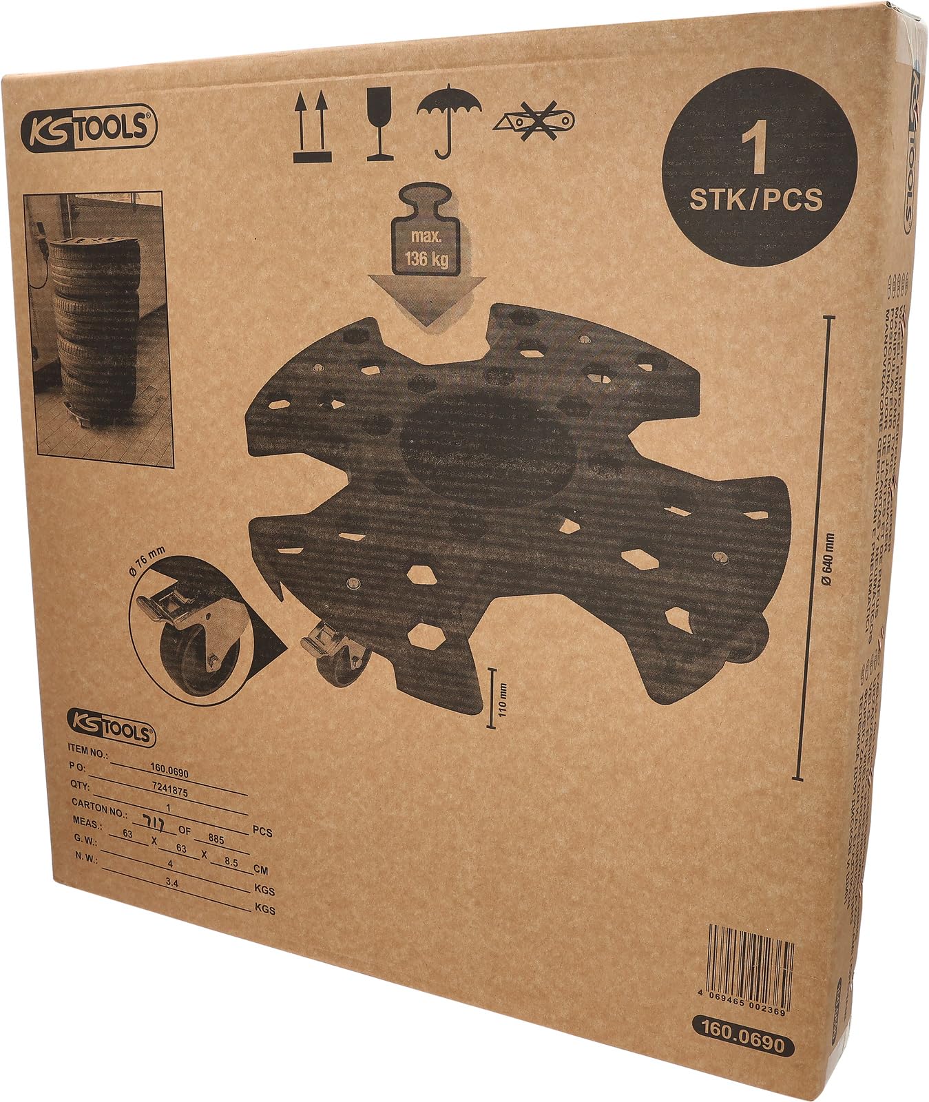 KS Tools 160.0690 Felgen- und Reifenrangierer, Tragkraft 136 kg, Ø 640 mm