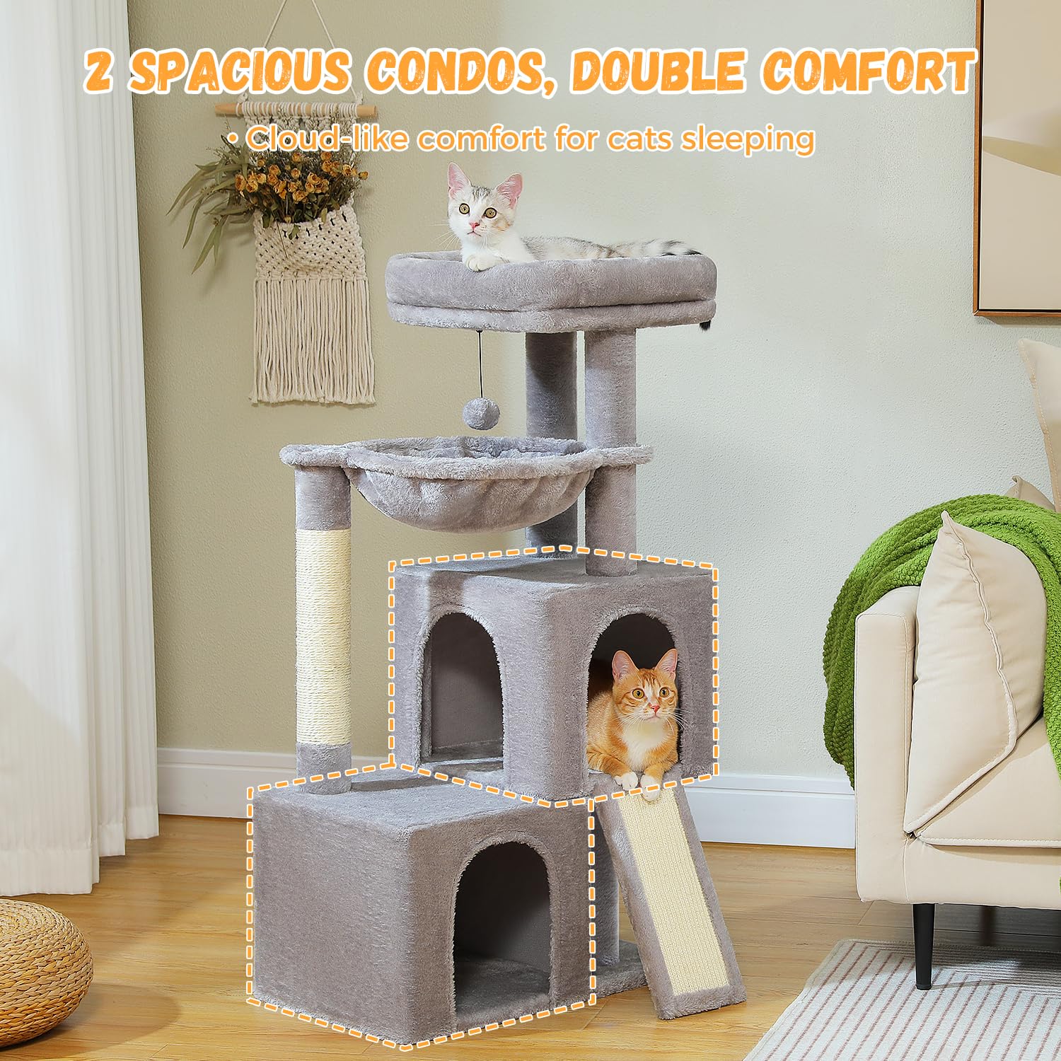 PETEPELA Árbol para gatos de 104 cm con 2 amplias cuevas para gatos de interior, casa para gatos con cómoda hamaca de 40 cm, barra de asiento acolchada, afilador de uñas y pelota de juego desmontable