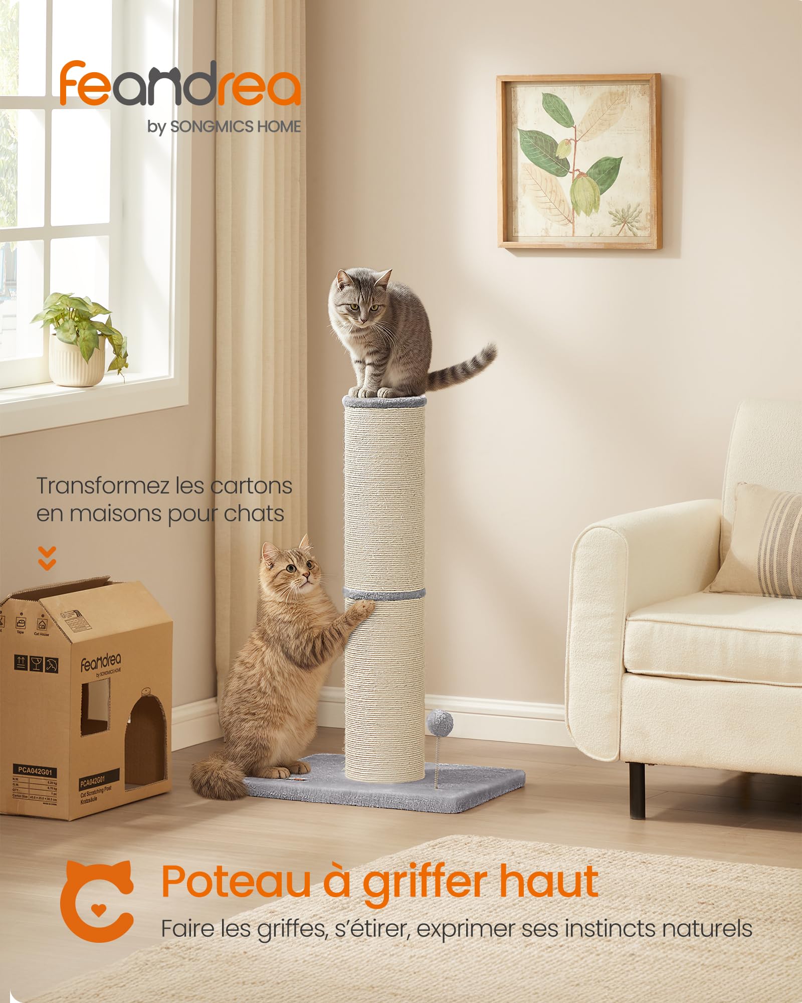 Feandrea Arbre à Chat XXL, 85 cm de Haut, Tronc de 17 cm d'Épaisseur, Poteau à Griffer Adapté aux Grands Chats comme Le Maine Coon, en Sisal, avec Balle, Clochette, Gris Tourterelle PCA042G01