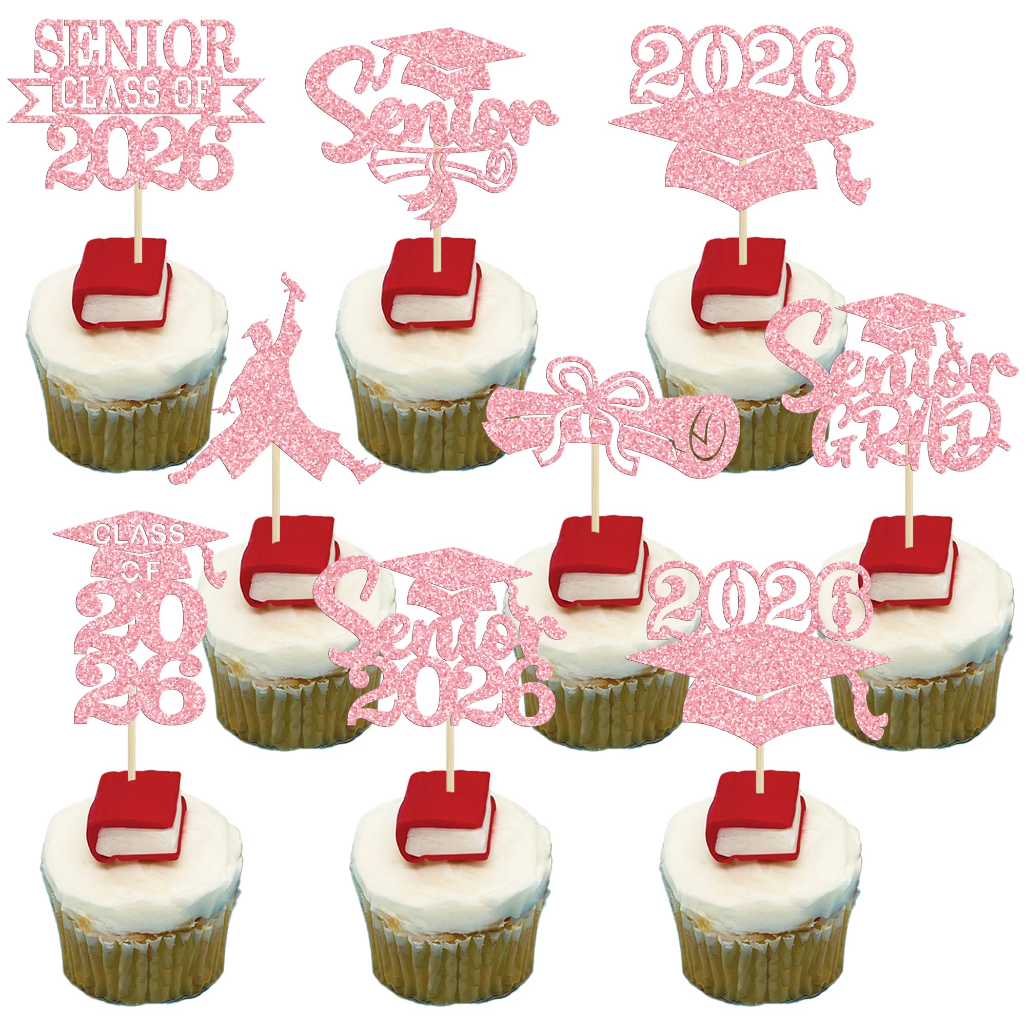 Ephlyn 24Pcs Graduation Cupcake Toppers Glitter Senior Class of 2026 Cake Toppers Diploma Grad Cap Cupcake Picks 2026 for Grade Graduation Party