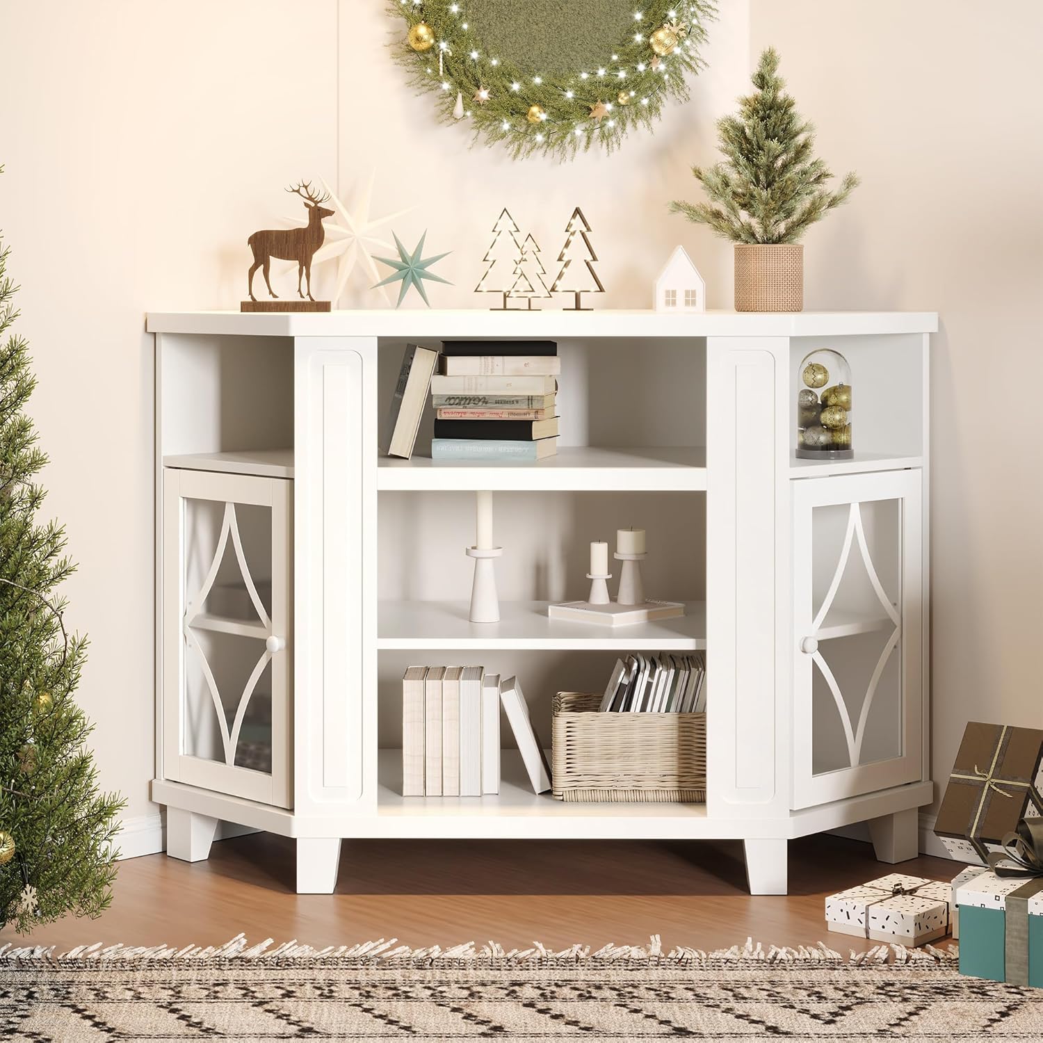 RoyalCraft Corner TV Stand for TVs up to 55 Inch: Corner Tall Entertainment Center with Storage, Modern Wood Media Console Cabinet for Living Room, Bedroom, Satin White