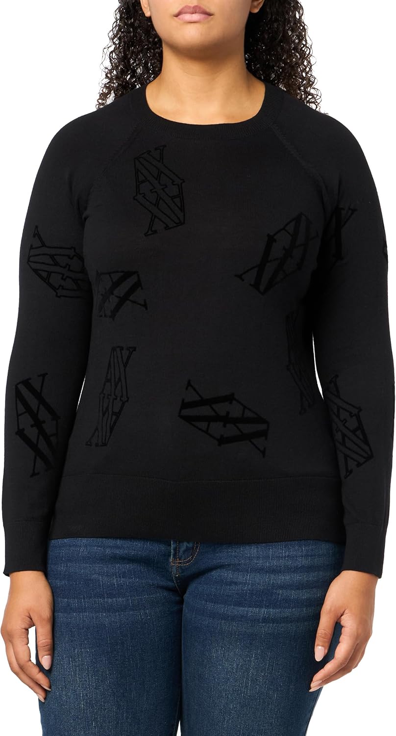 Armani Exchange Womens Pullover Sweater with Scattered Stacked Logo