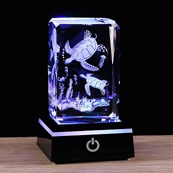 Ornalrist 3D Crystal Laser Sea Turtles Animals Figurines Statue with LED Base, Glass Tortoise Collectilbe Ornaments Gifts for Women Men