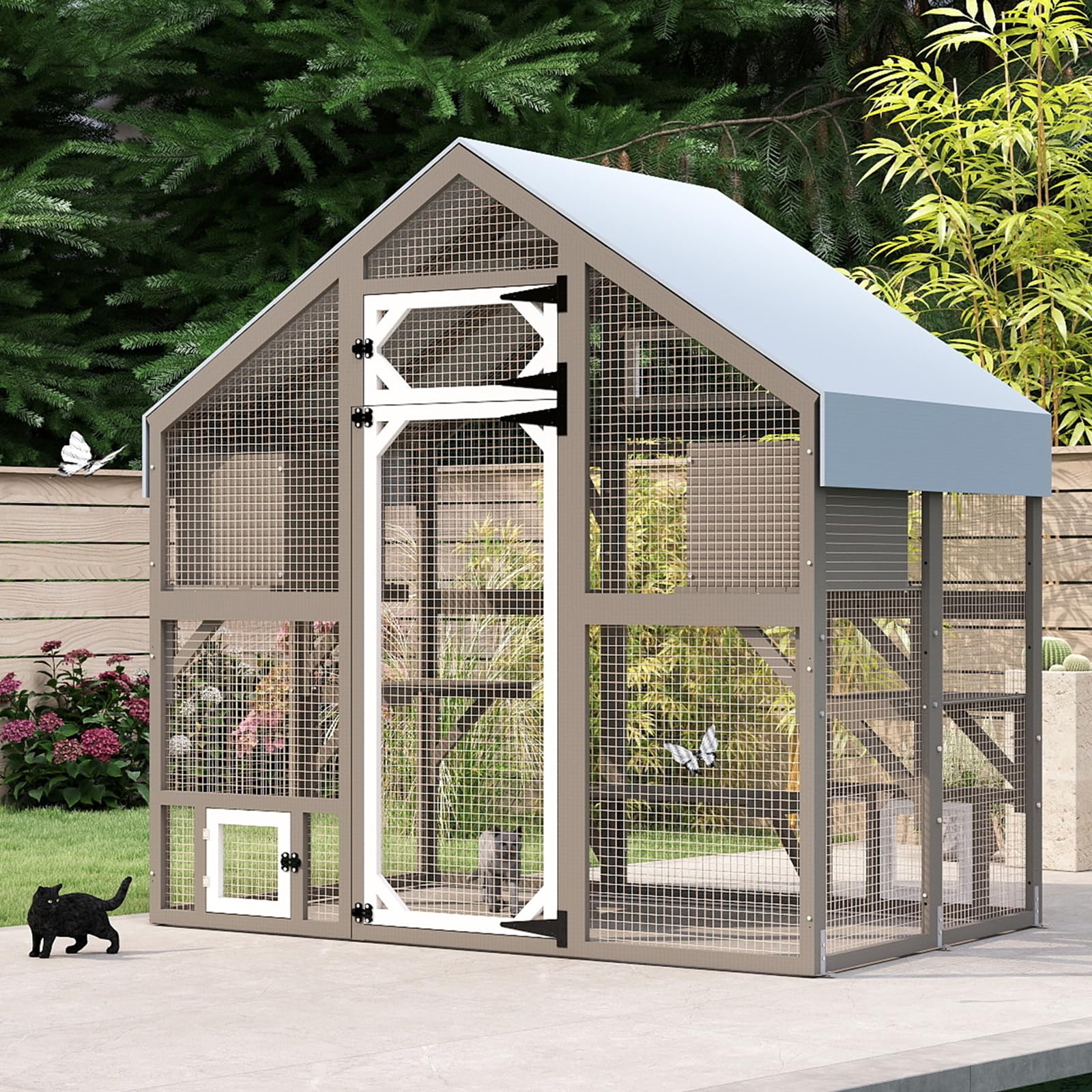 71" H Catio Outdoor Cat Enclosure Weatherproof, Large Walk-in Cat House Attached Window for Multiple Cats, Waterproof Cat Cage Kitty Enclosure Outside with 2 Condos, 6 Platforms