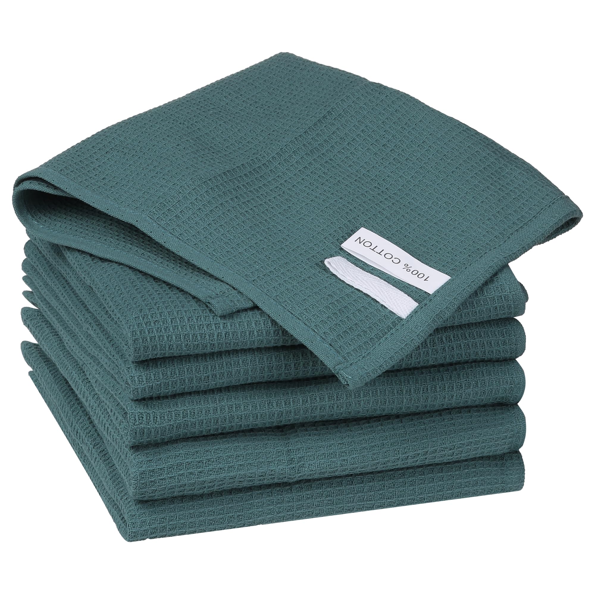 Uxcell Reuseable Cleaning Cloths, 6 Pack Cotton Waffle Weave Kitchen Towels Reusable and Washable Dish Rags for Drying Absorbent Lint Free Rags for House Cleaning Dark Green 35cm x 35cm