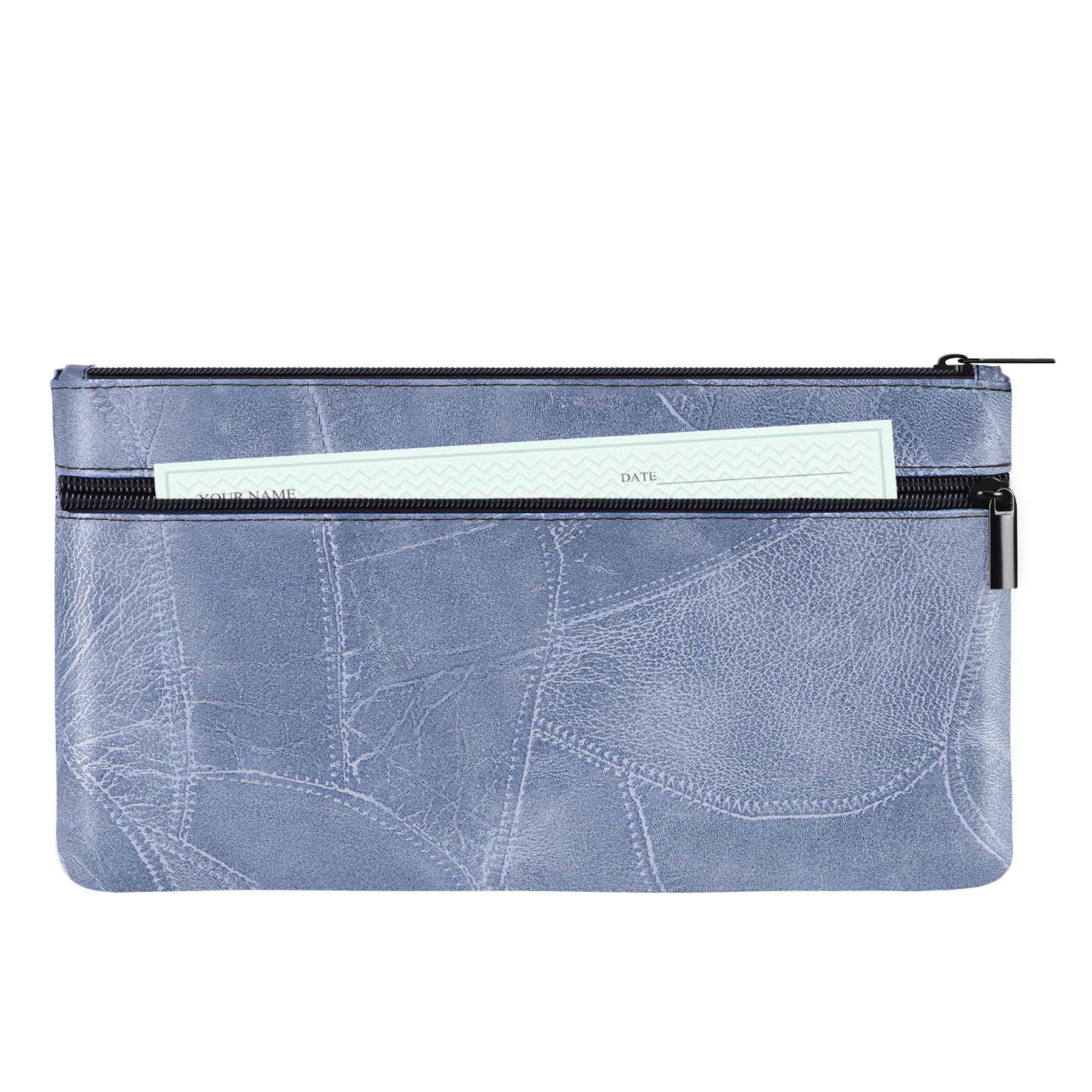 HAUTOCO Geldtaschen Banktasche PU-Leder Texturiert Bankmappe mit Reißverschluss 28 x 15.5 cm A5 Dokumente Zwei Taschen Geldmappe für Business Haushalt Schule, Hellblau