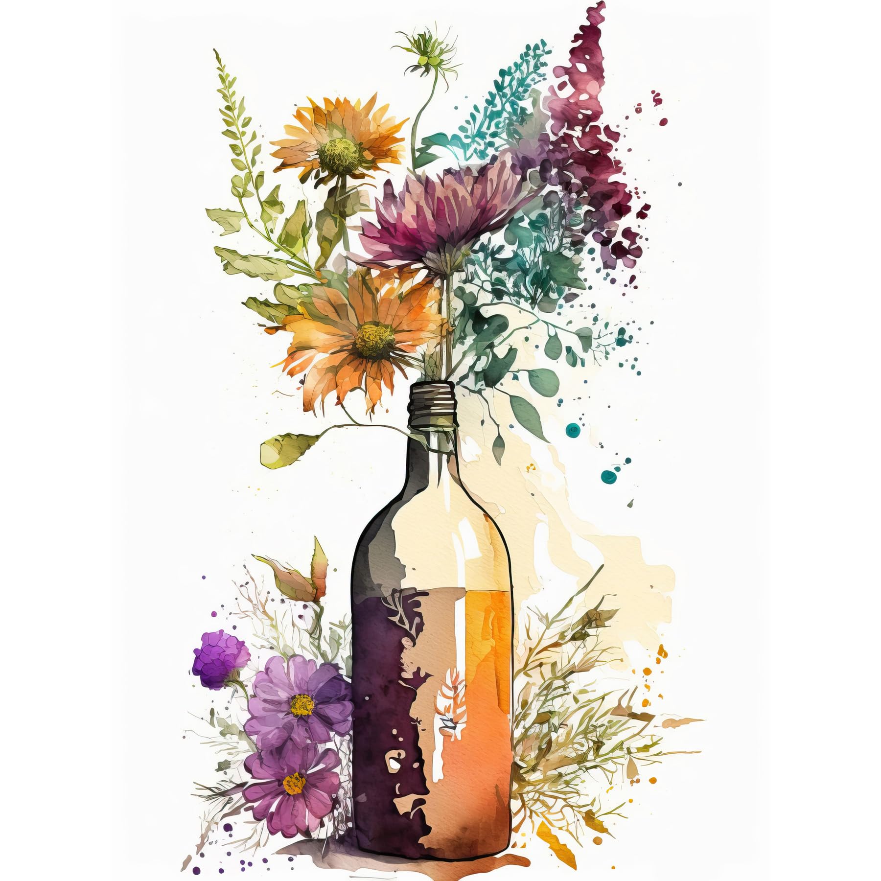 Artery8 Spring Wildflower Bouquet in a Glass Wine Bottle Extra Large XL Wall Art Poster Print