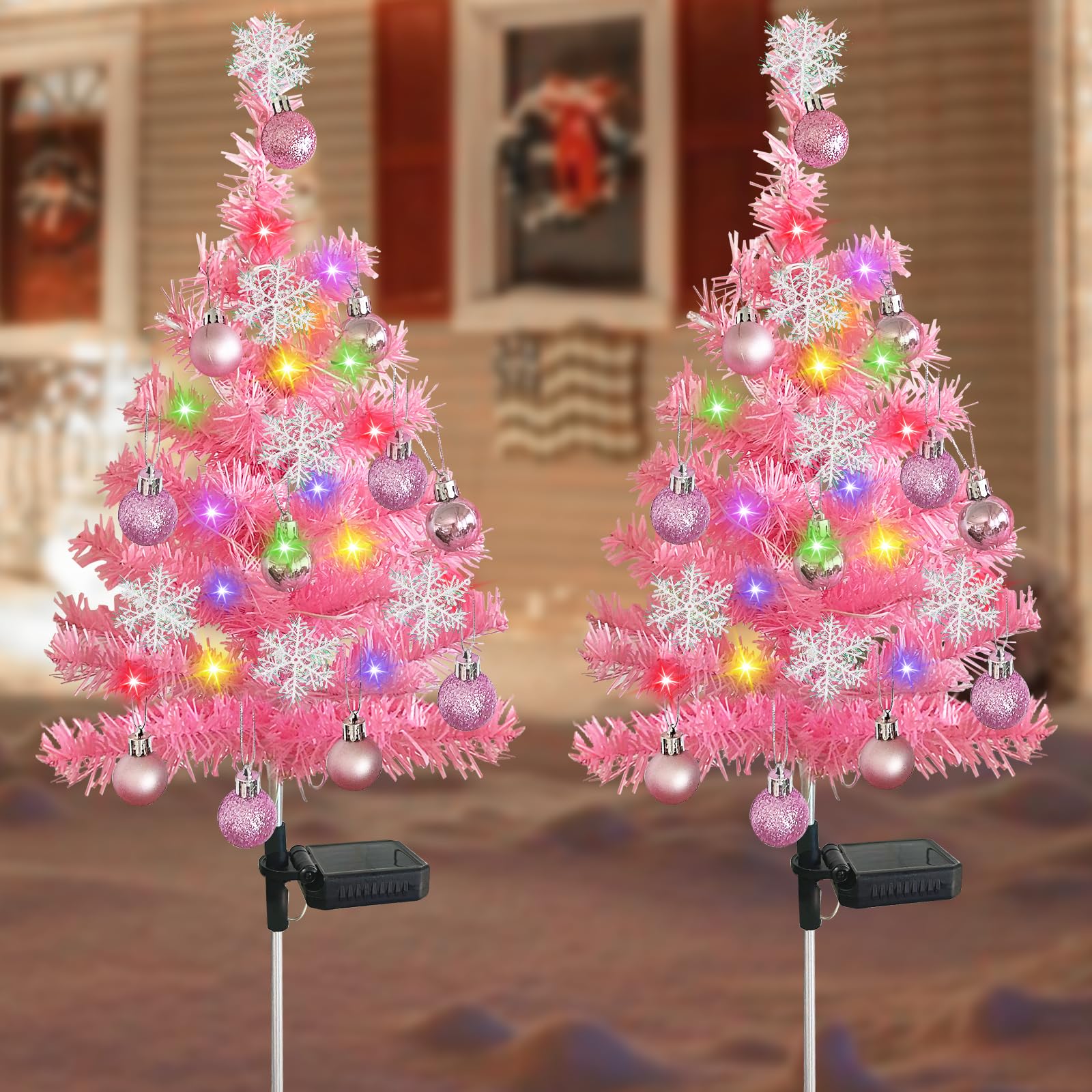 Set Di 2 Alberi Di Natale Solari Con Luci LED – 40 LED, Rosa, Con Palline E Fiocchi Di Neve, Per Esterni, Giardino, Cimitero