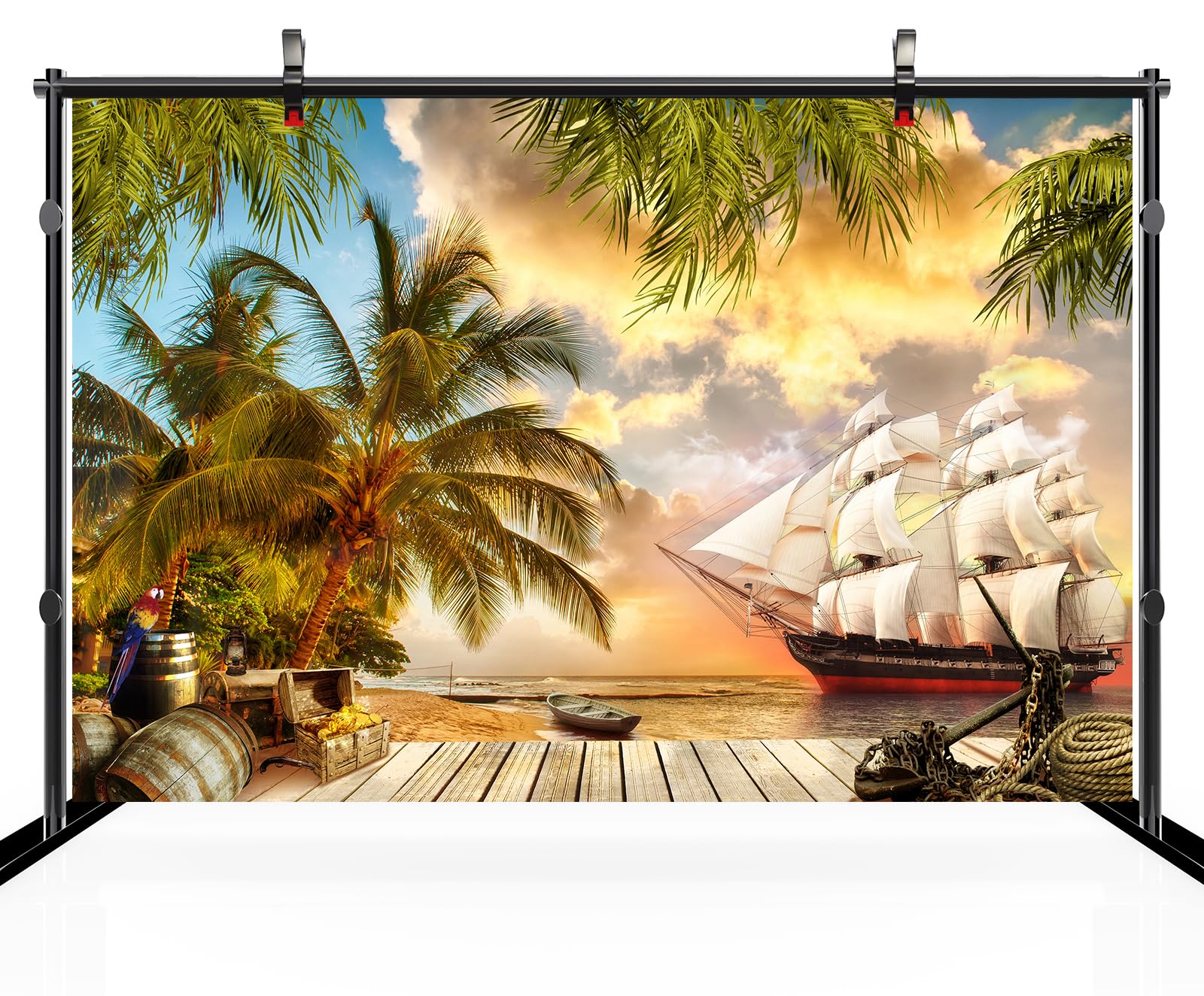YongFoto 5x3ft Vinyl Photo Backdrop Pirate Wood Table Ship Wheel Treasure Map Rum Compass Knife Palm Tree Beach Photography Background Portrait Photo Shoot Studio Props