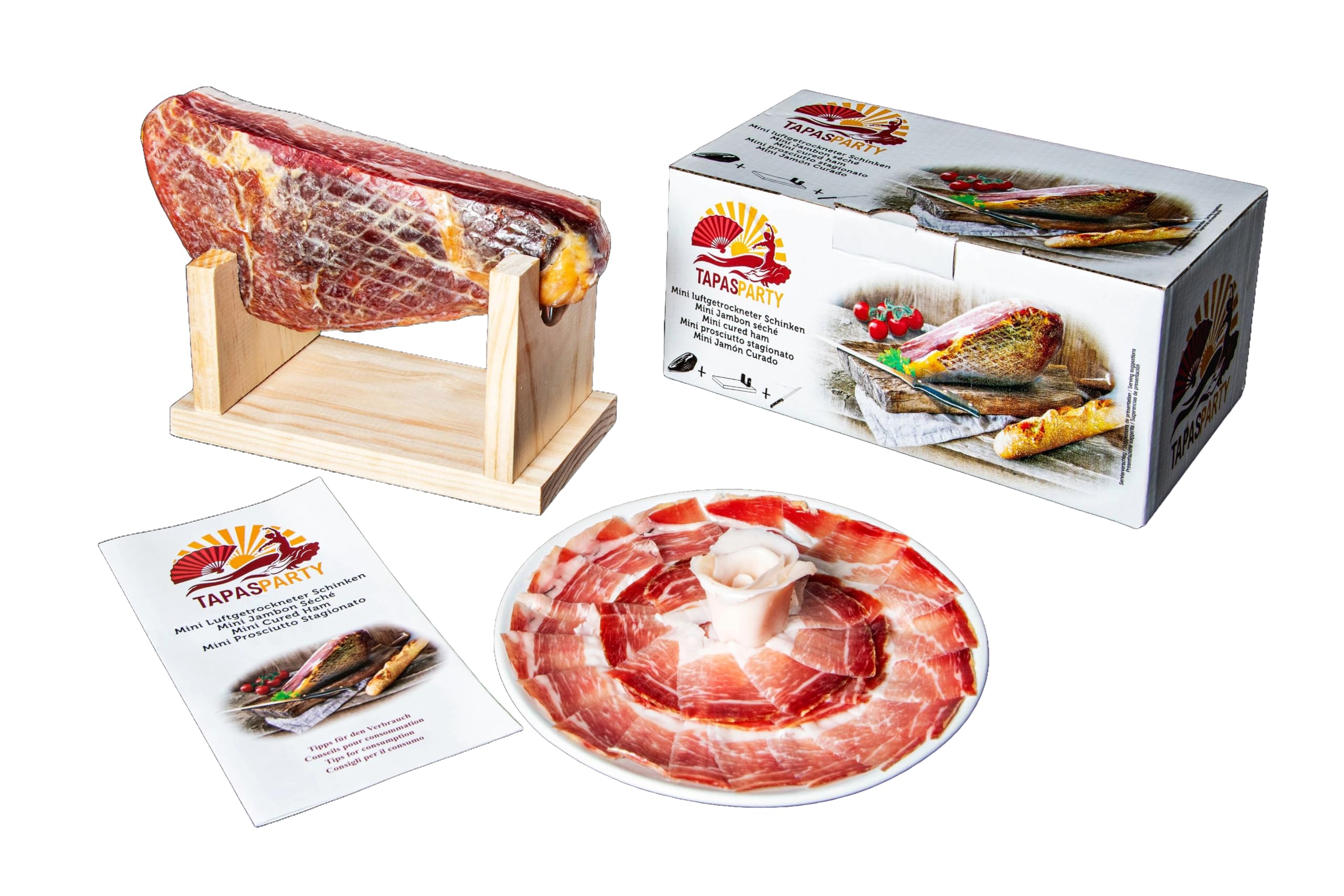 Spanisches Tapas Party Deluxe Set Mini Serrano Schinken 1kg Ständer Messer Chorizo Lomo Fuet Gourmet Geschenkkorb Feinkost