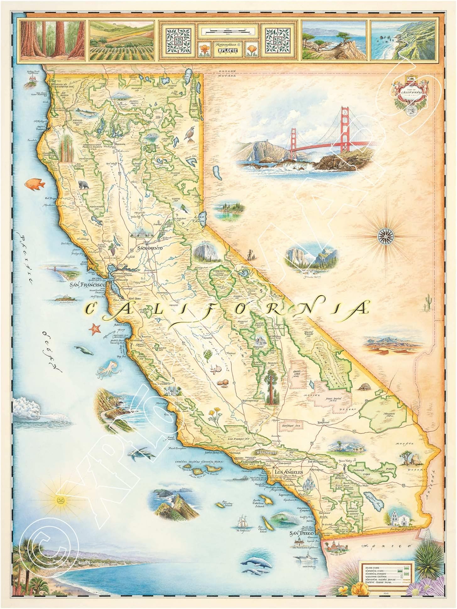 Xplorer Maps California State Hand-Drawn Map Poster - Authentic 18x24 Inch Vintage-Style Wall Art - Lithographic Print with Soy-Based Inks - Made In USA - Earth Tones