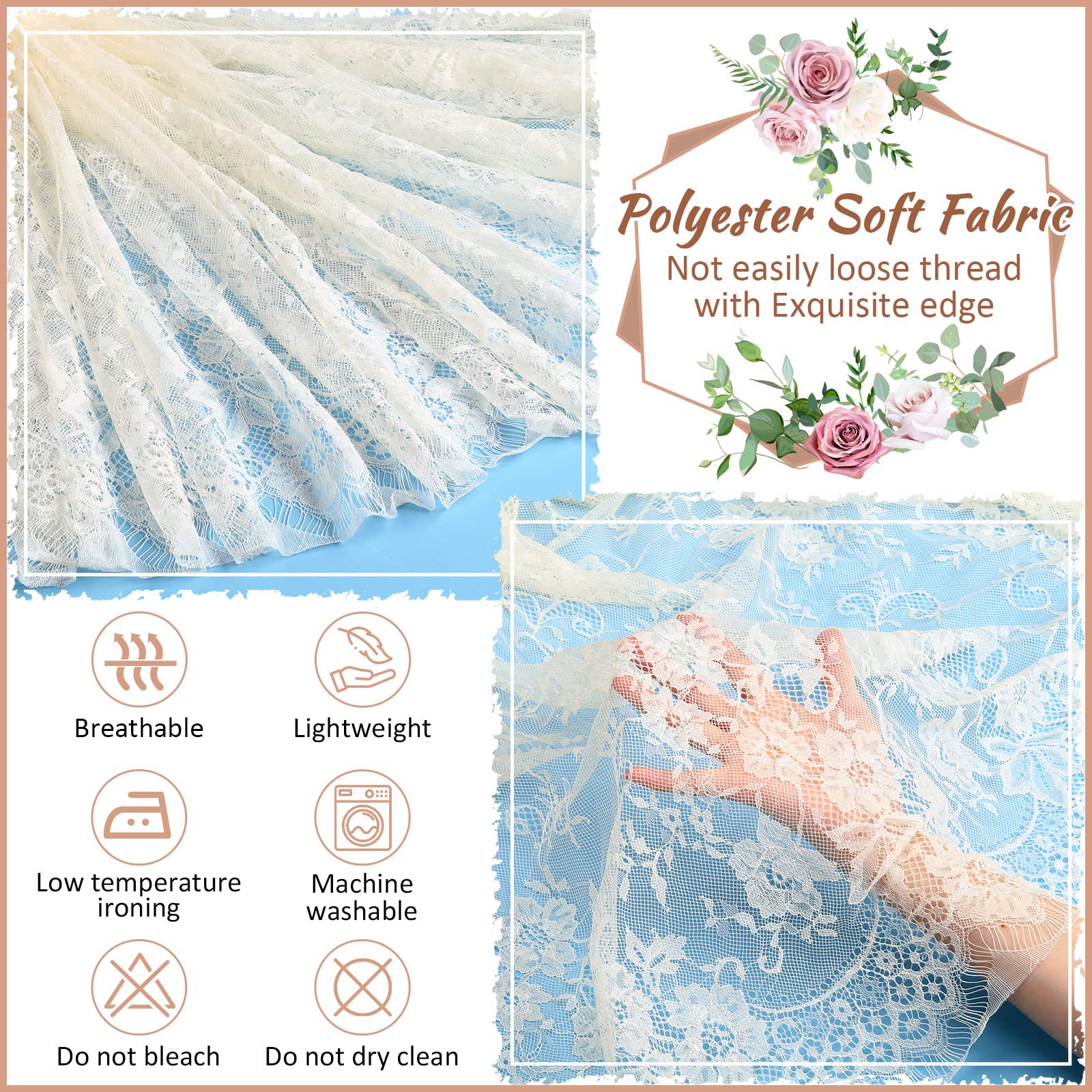 Elfenbeinfarbene Spitzentischdecken für Hochzeit, Blumenmuster, Spitze, bestickt, rechteckig, Tischüberzug, Party-Dekorationen für Hochzeit, Babyparty, 150 x 296 cm, 10 Stück