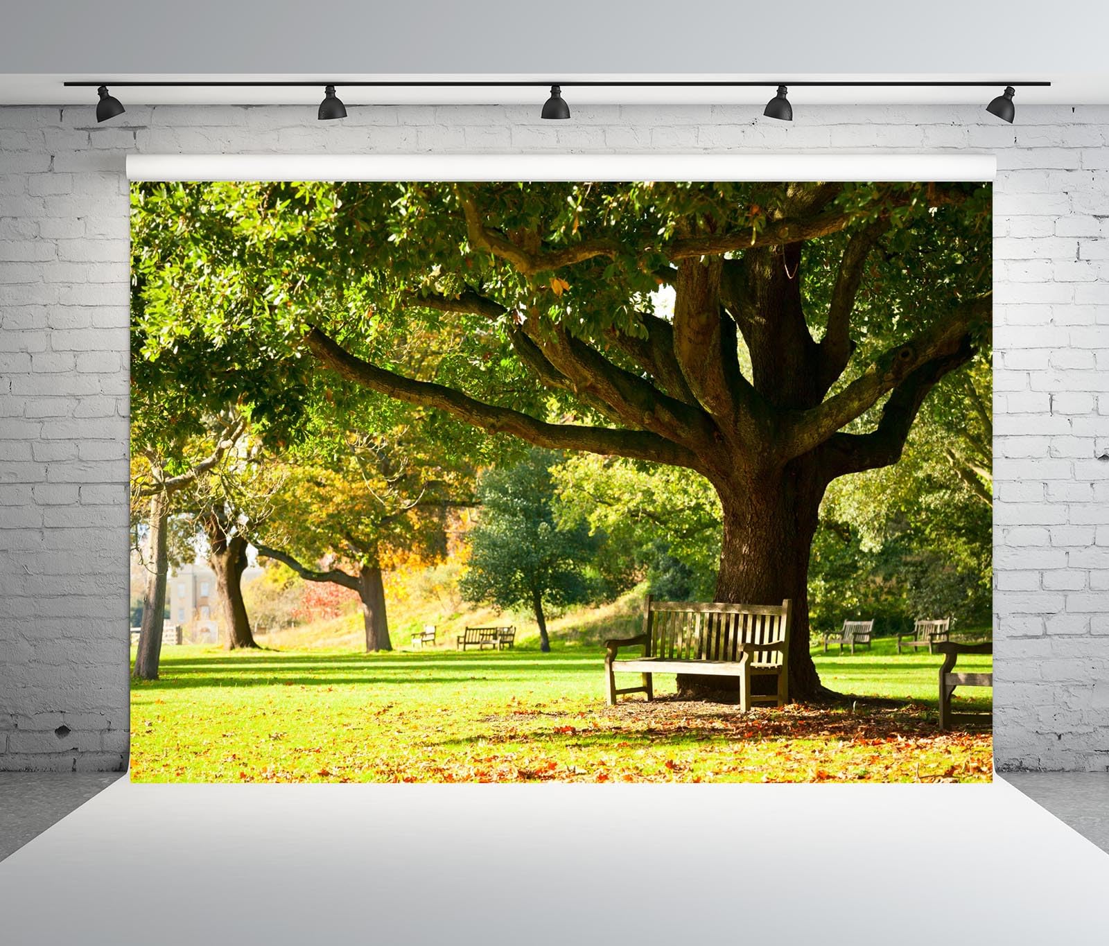 BELECO 4.6x3m Sfondo in tessuto Giardino botanico reale | Parco forestale primaverile panchina sotto albero grande prato verde sfondo ritratti artistici bambini adulti studio foto