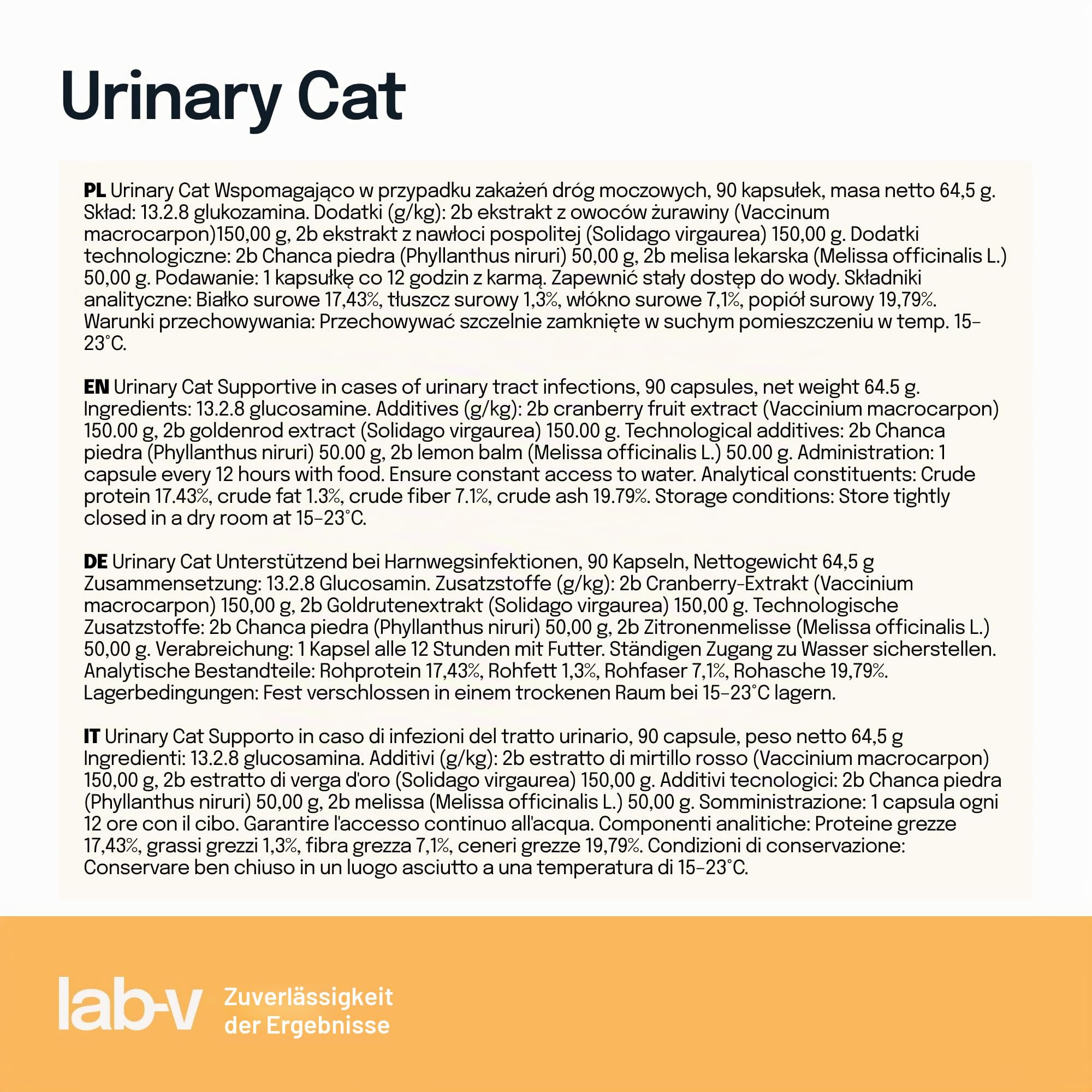 Lab-V Urinary Cat – Ergänzungsfuttermittel für Katzen zur Unterstützung der Harnwege – 90 Kapseln – mit Cranberry & DL-Methionin – ohne künstliche Zusatzstoffe