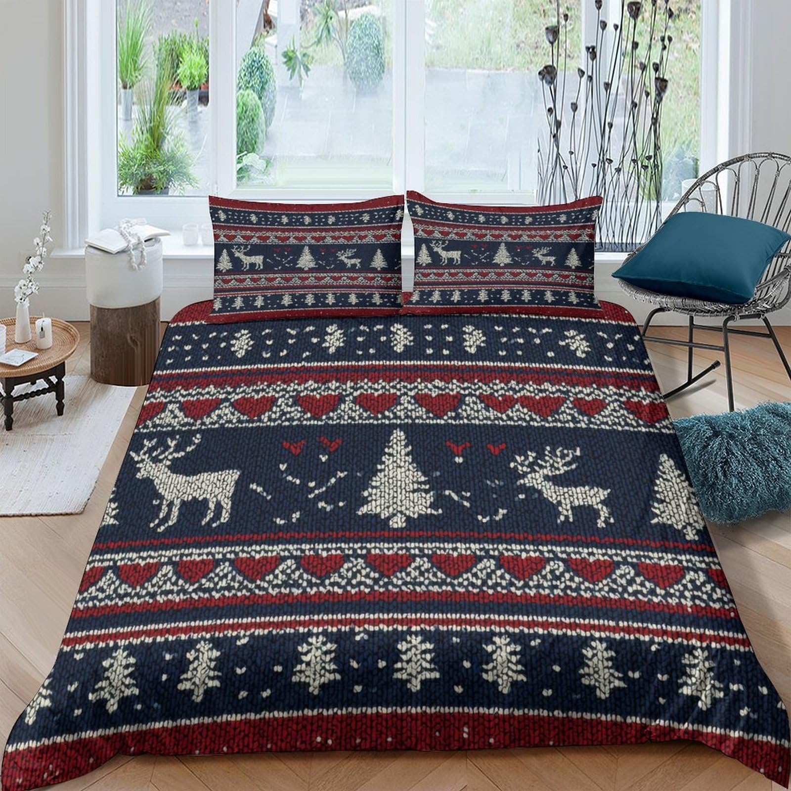 Ctjqhvkz Style-8 3D Printed Nordic Christmas Reindeer Fitted Sheet Microfiber Soft Navy Red Tree Bed Sheet For Bedroom Guestroom Decor Single（135X200cm）