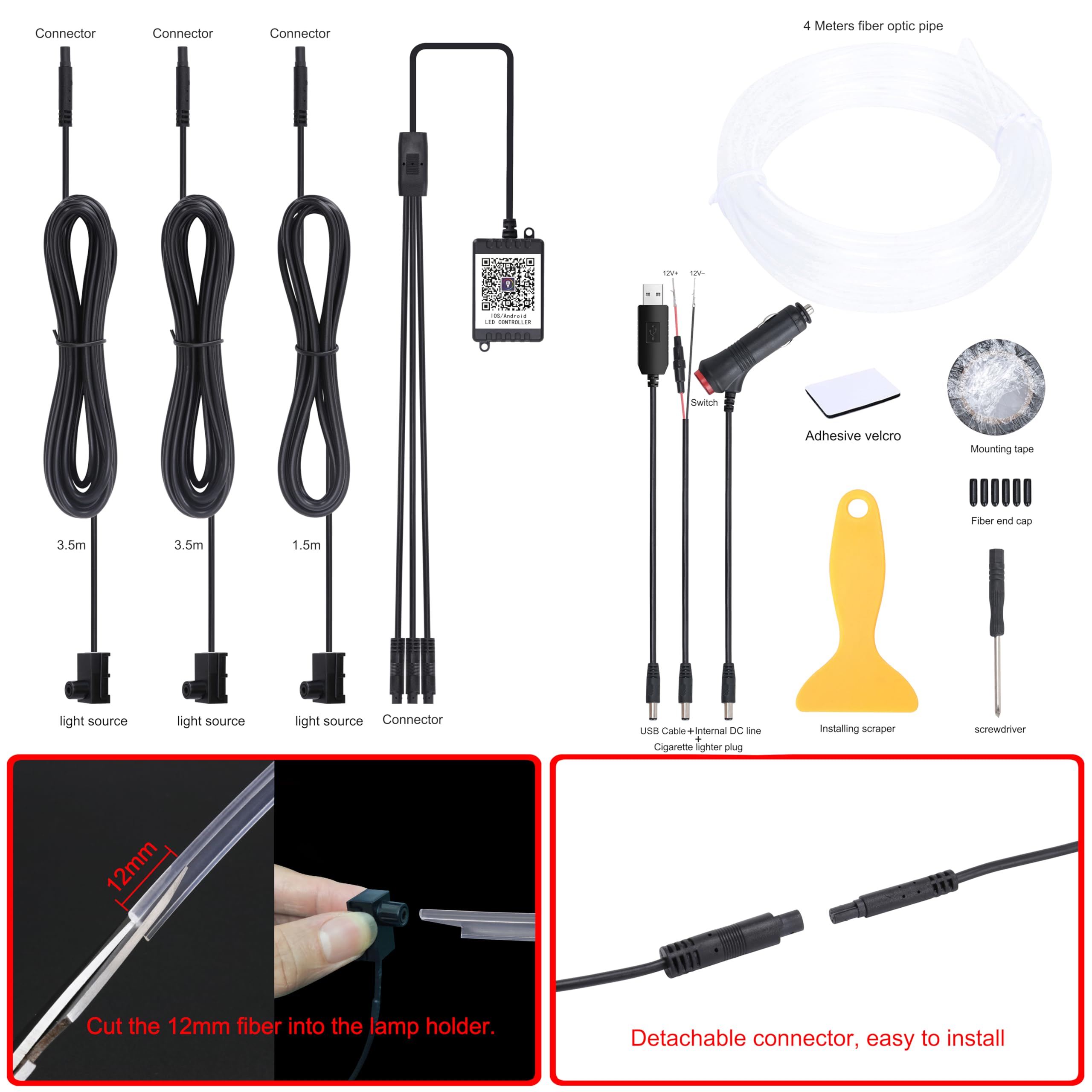 QAUBEN 4 m Optic Fiber Cable Car Ambient Lighting with Bluetooth App Control 64 Colors Multicoloured Music Interior Lighting Kit 12V 1W