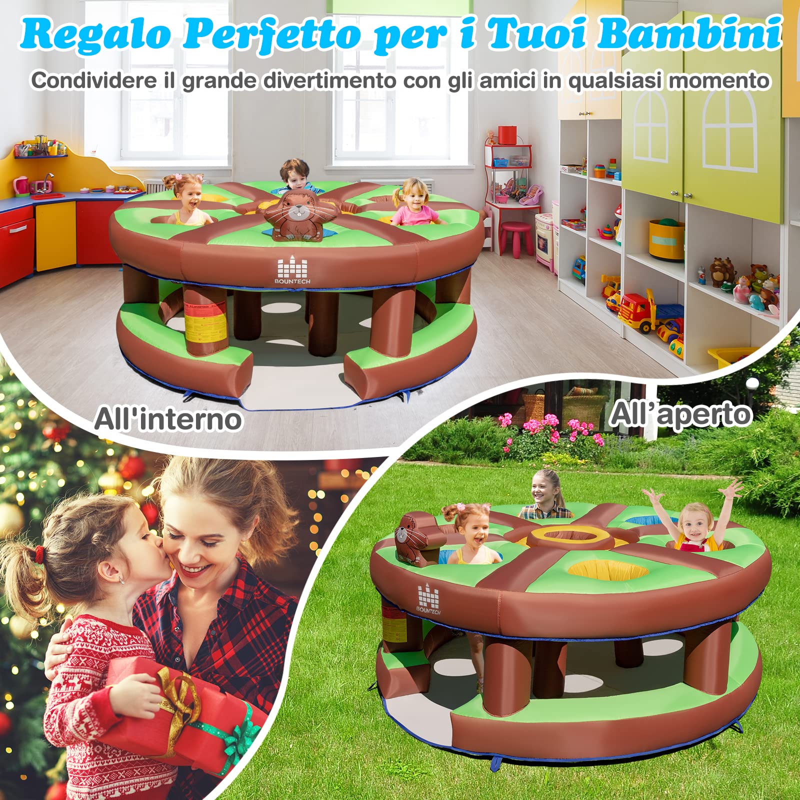 COSTWAY Giocattolo Gonfiabile per Bambini con Acchiappa la Talpa, Castello Gonfiabile per Bambini con Soffiatore, Borsa di Trasporto e Kit di Riparazione, 3-10 anni, 256 x 256 x 120cm