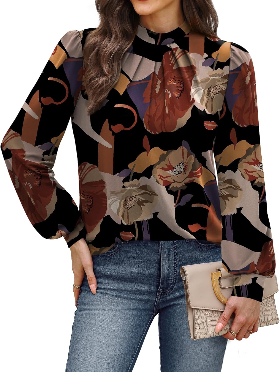 WIHOLL Long Sleeve Shirts for Women Mock Neck Tops Pleated Front Blouses Dressy Casual Spring Fall Clothes 2026 Fashion - Image 2