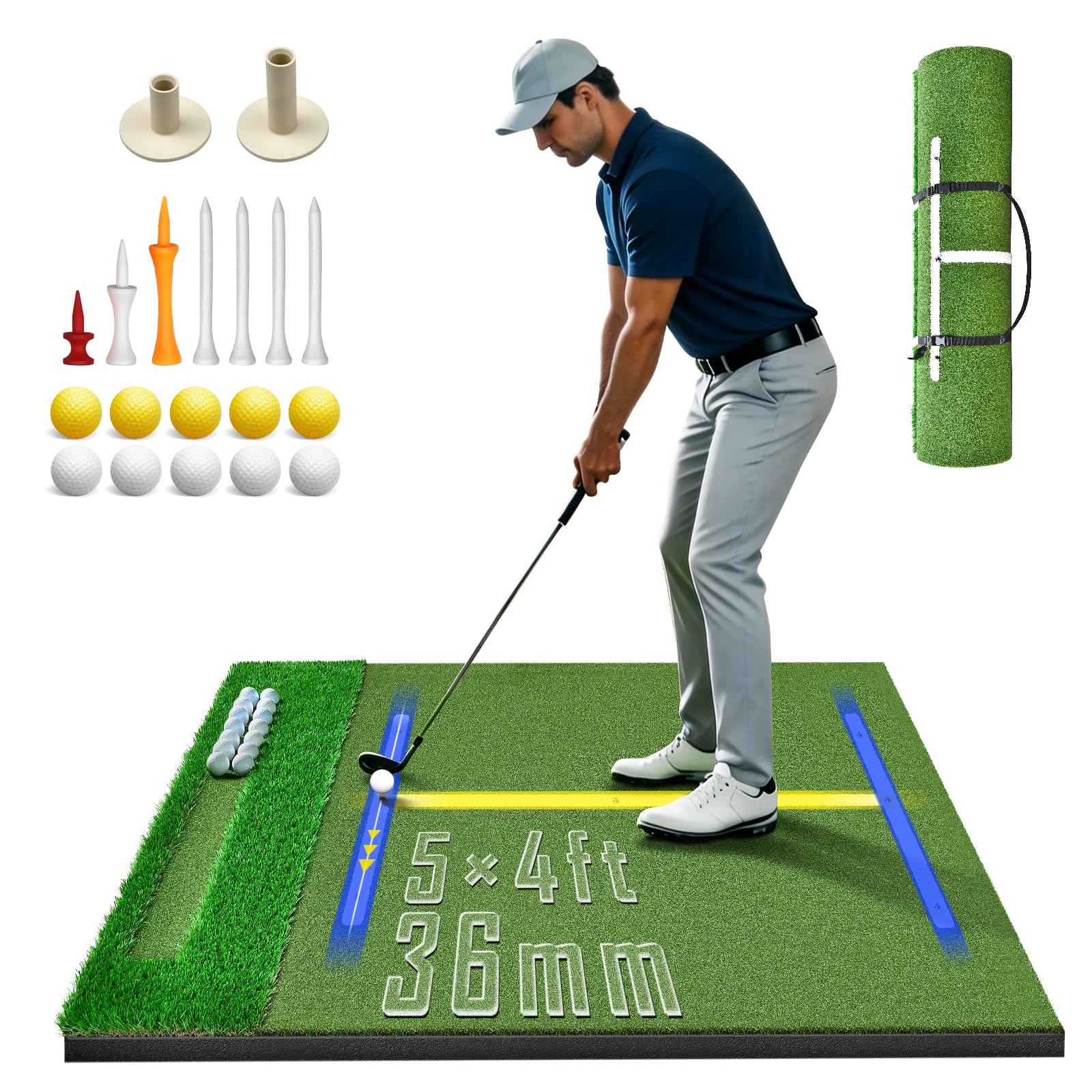 Photo 1 of (Enlarged×Thickened) Golf Mat 36mm, 5x4ft Dual-Turf Golf Hitting Mat with Ball Tray for Indoor Outdoor, Thickened Heavy Duty Commercial Golf Mat, High-Elasticity Golf Practice Mat for Simulator -PRO
