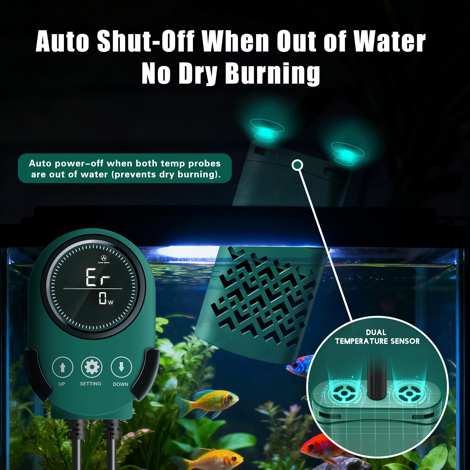 Calentador inteligente de acuario sumergible de 500 W con ahorro de energía de frecuencia variable, sondas dobles para dejar el agua automáticamente y detener automáticamente, tecnología PTC para