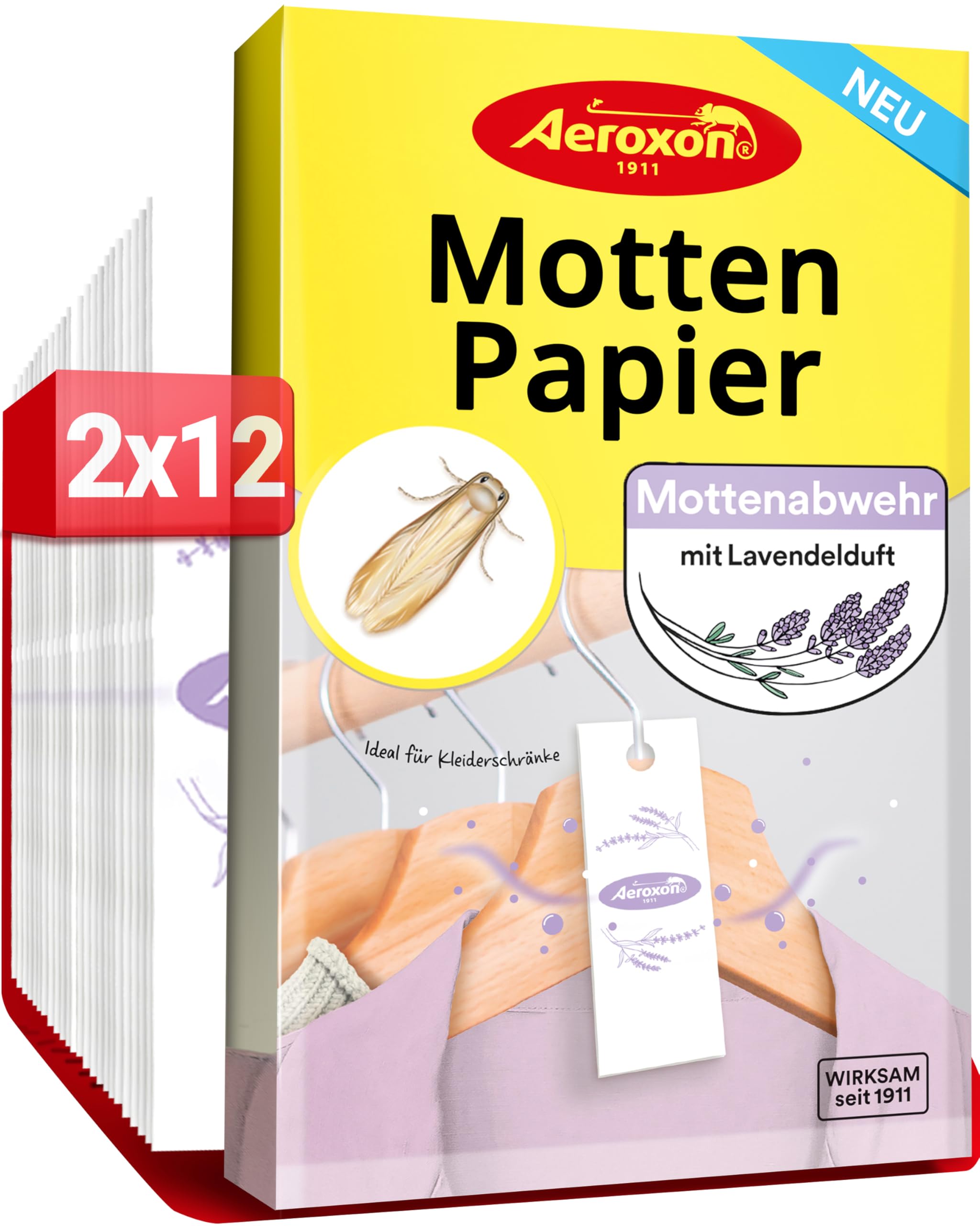 Aeroxon Mottenschutz für Kleiderschrank – 24 Mottenpapier gegen Kleidermotten, Lavendel Mottenabwehr für Kleidung & Textilien, Mottenpapier für Kleiderschrank mit Langzeitwirkung bis zu 3 Monate