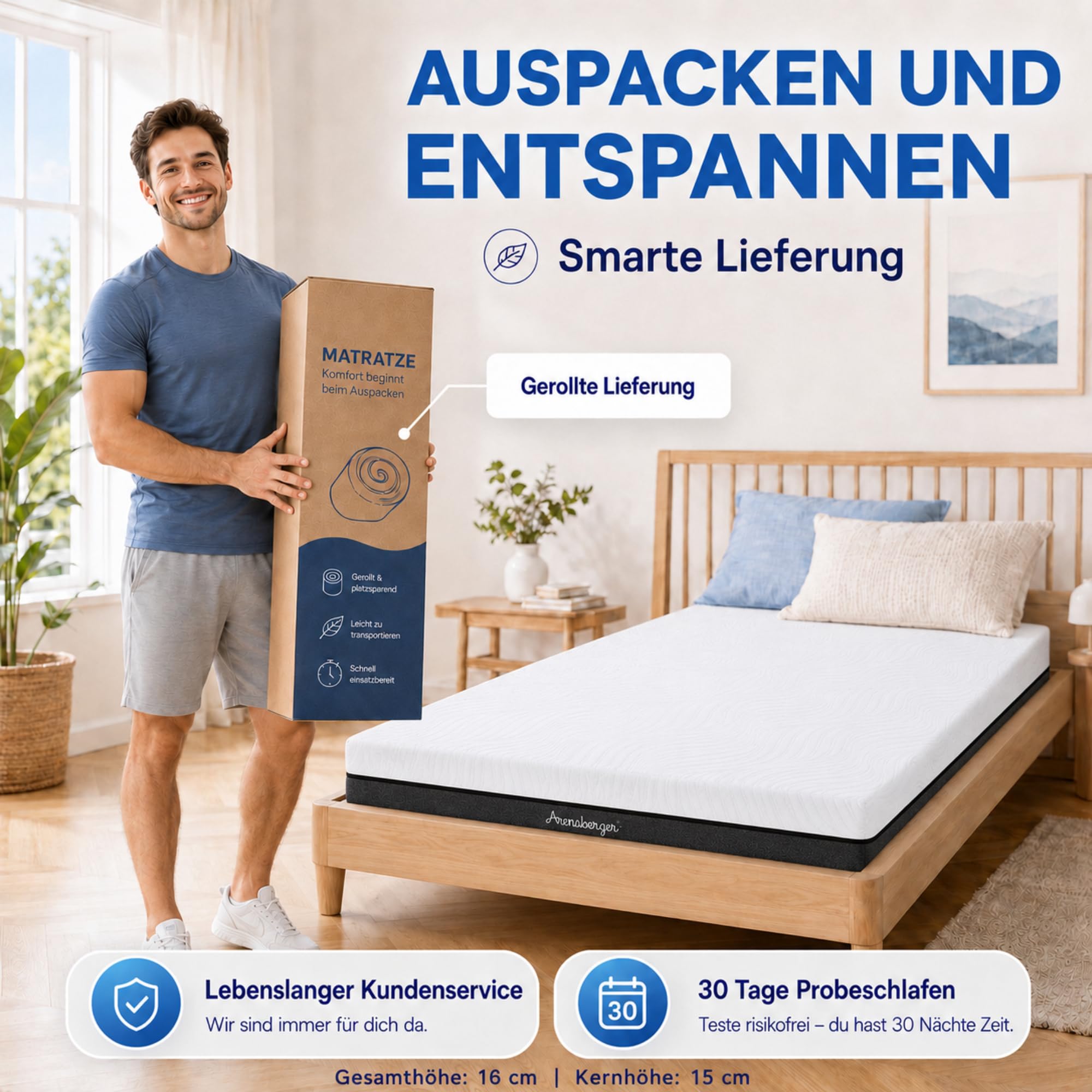 Arensberger Matratze SARA 140x200cm Höhe 16cm | NANOCELL® Gel-Schaum | Mittelfest H3 | Premium-Bezug 240g/m² | 60°C waschbar | Kaltschaum-Matratze 140x200 | Note 1,1 | Öko-Tex Zertifiziert