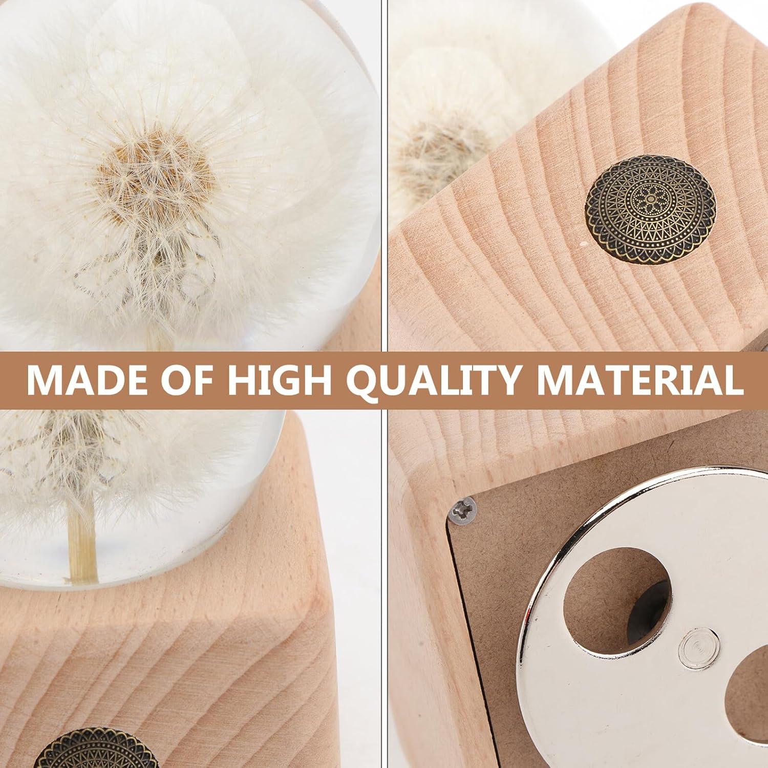 Luxshiny Dandelion Musical Crystal Ball Music Box with Wooden Base, Small Square Preserved Flower Decor for Birthday, Decorative Glass Ornament for Home Display