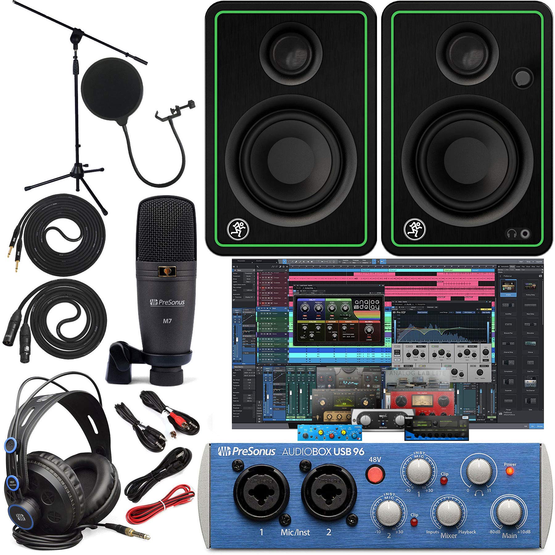 PreSonus AudioBox 96 Audio Interface Full Studio Bundle with Studio One Artist Software Pack with Mackie New! CR3-X BT Creative Multimedia Bluetooth Monitors and 1/4” Instrument Cables