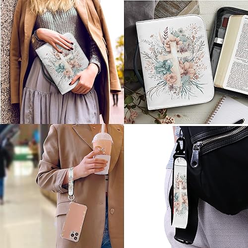 Miniatura 5 de Fundas de cuero para la Biblia para mujer con estampado de cruz, funda de Biblia floral estética con asa, almacenamiento para bolígrafos, bolsillo