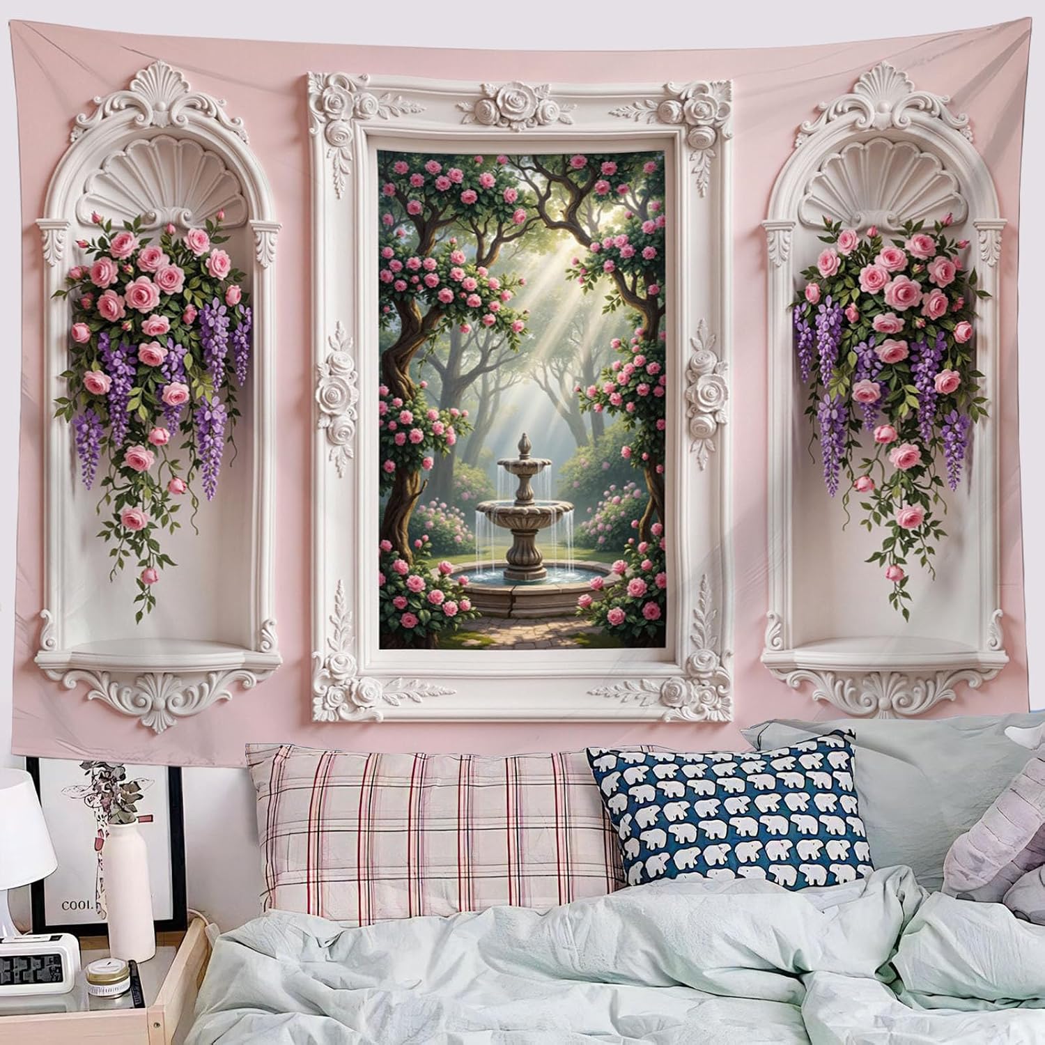 JRISEMECY English Rose Garden Hill Tapestry Wall Hanging, Pink Wall Art | Romantic Relief Windows Room Decor For Bedroom, Dorm, Funny Aesthetic Decoration For Teens And Adults, 40 X 30 Inch
