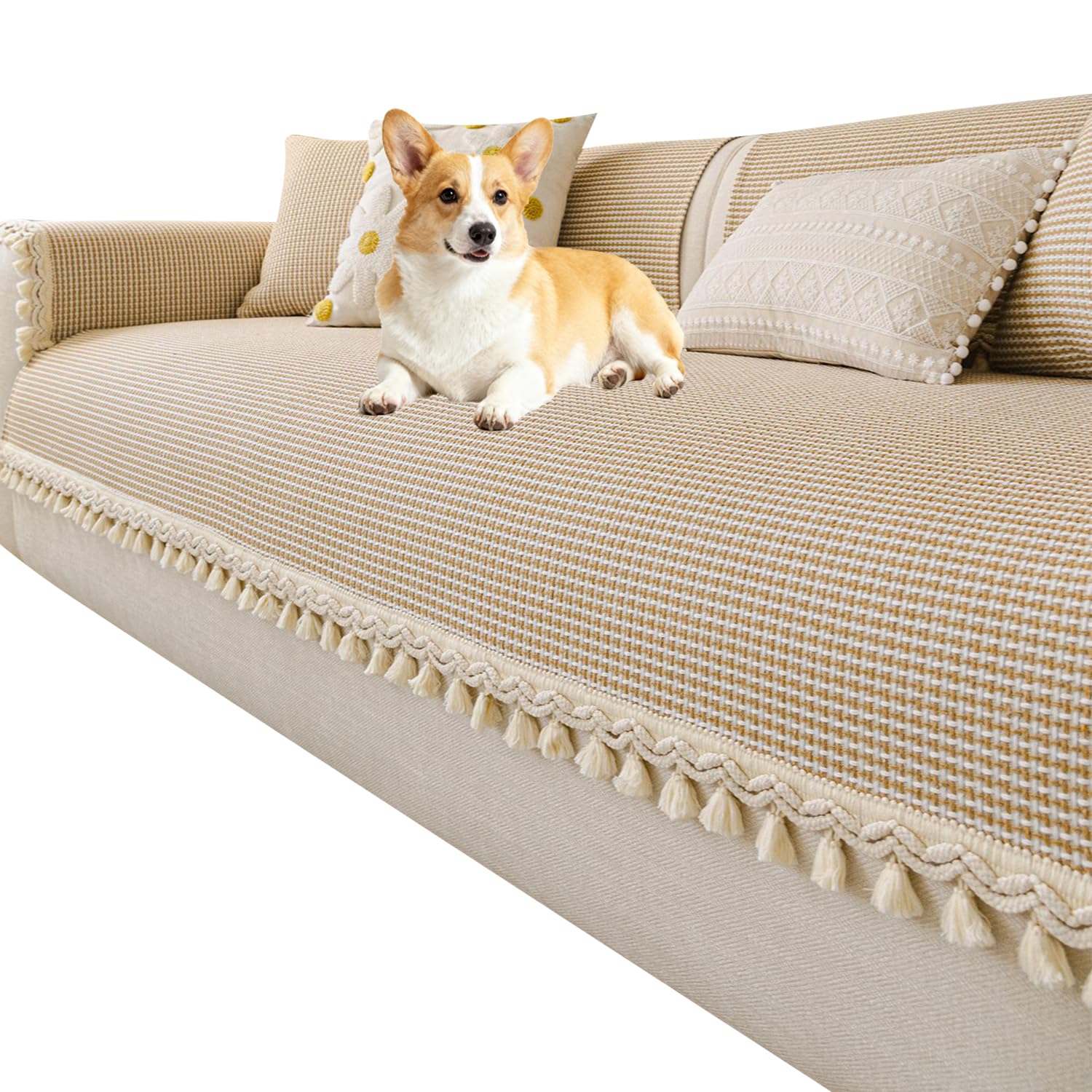 ACCZ Pet Couch Cover,Cotton Linen Sofa Cover with Tassel,Anti-Slip Sofa Slipcover，for Dogs, Children, Pets Furniture Protector.（Excluding pillows）(110 * 160cm, Beige)