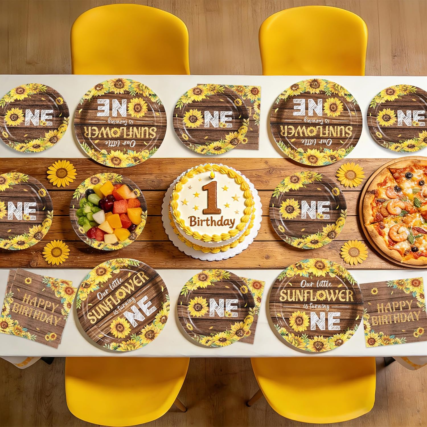 96Pcs Sunflower 1st Birthday Decorations Sunflower Themed Plates and Napkins Our Little Sunshine Is Turning One Tableware Set for 1st Birthday Mother's Day Baby Shower Spring Party Supplies Serves 24