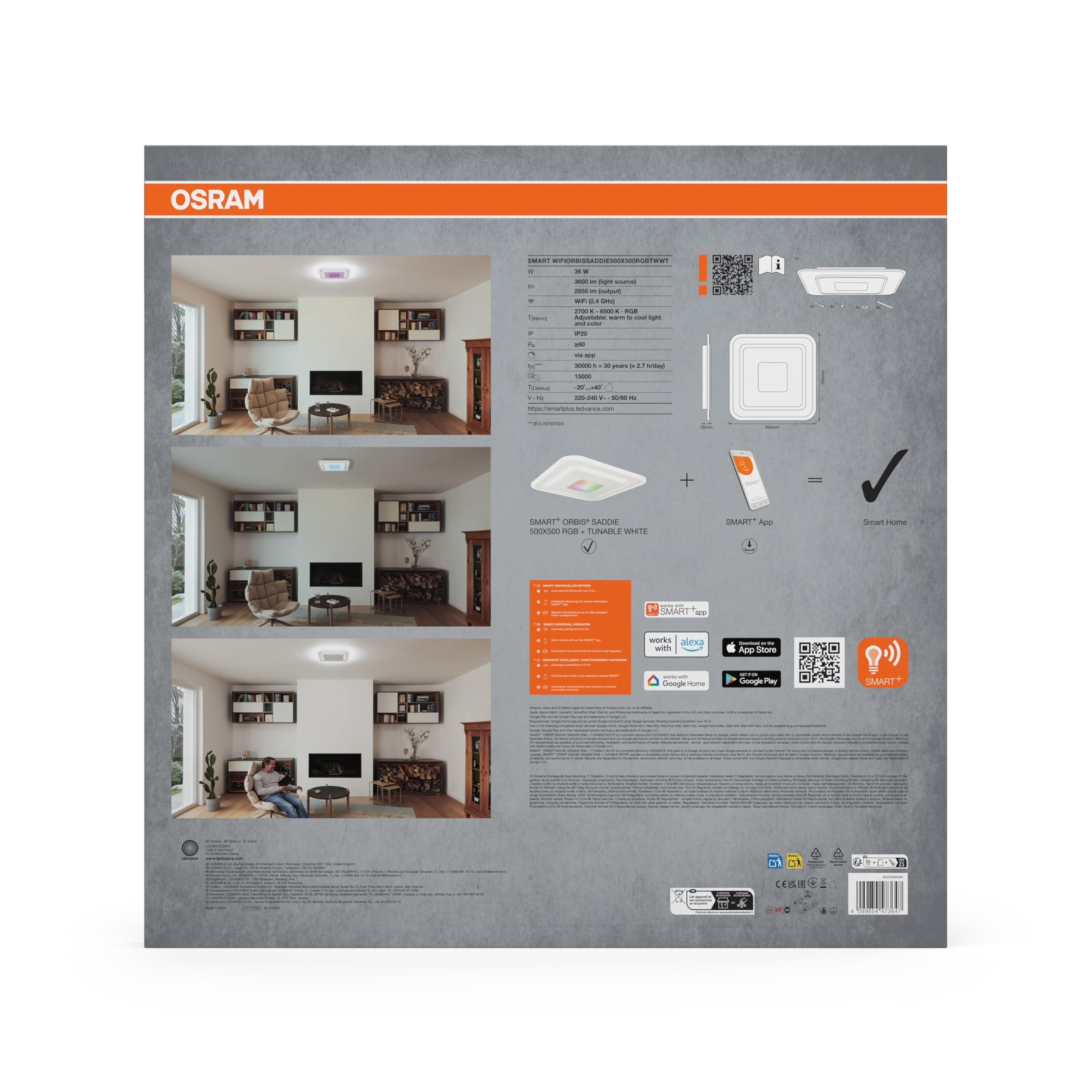 OSRAM SMART+ WiFi Orbis Saddie Plafoniera LED 500x500mm | SMART+ Wifi Orbis Saddie, Indoor Wall Lighting, Bianco, dia, 30000 h, confezione da 1
