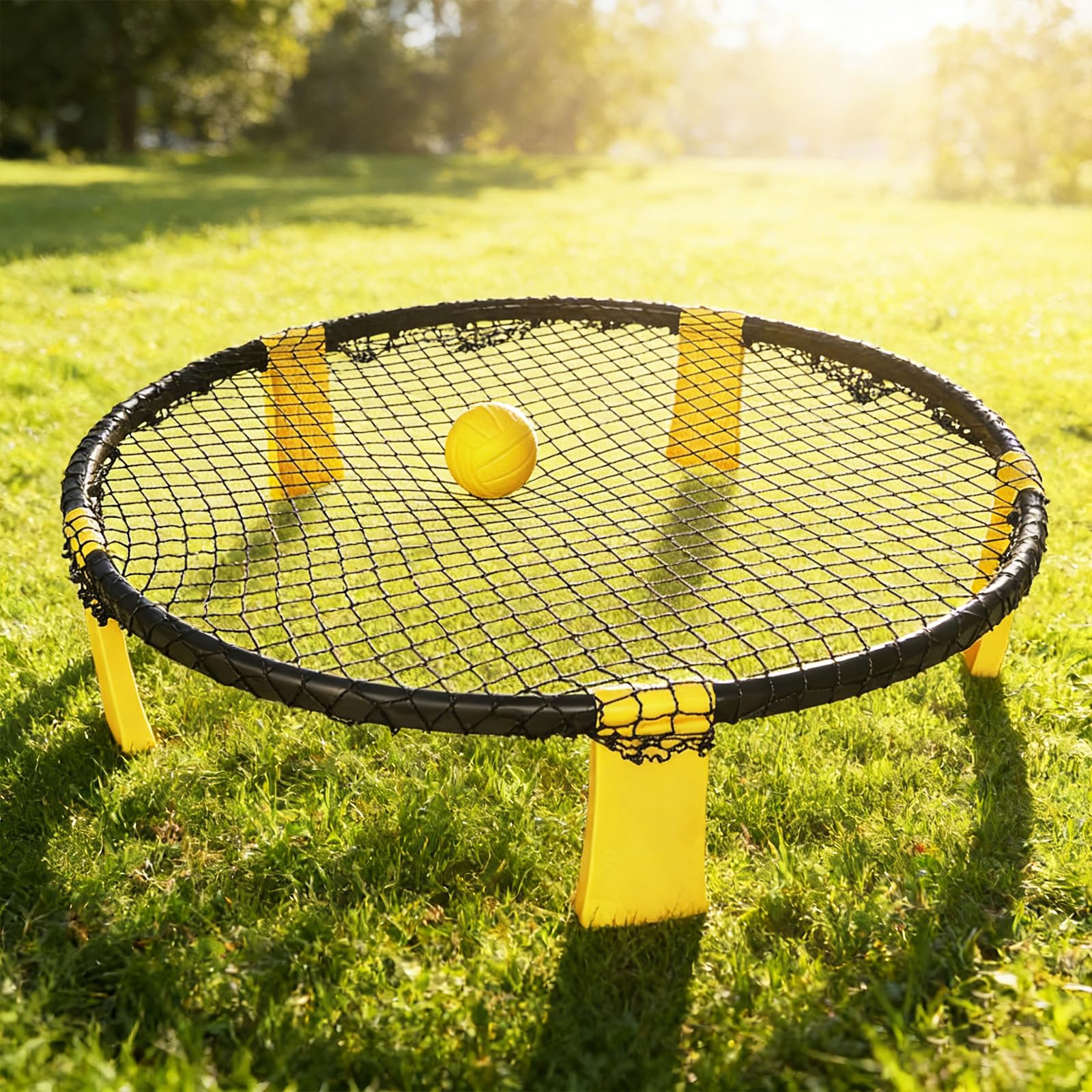 Profi Roundnet Set für Draußen Stabiles Outdoor Spieleset für Garten und Strand Tragbares Ballspiel für Erwachsene und Kinder inklusive Netz 2 Bälle Pumpe und Tasche Gelb