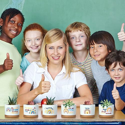 Miniatura 2 de Junkin 12 piezas de regalo de agradecimiento para empleados y maestros, macetas de cerámica para suculentas con bandeja de bambú, versículo bíblico