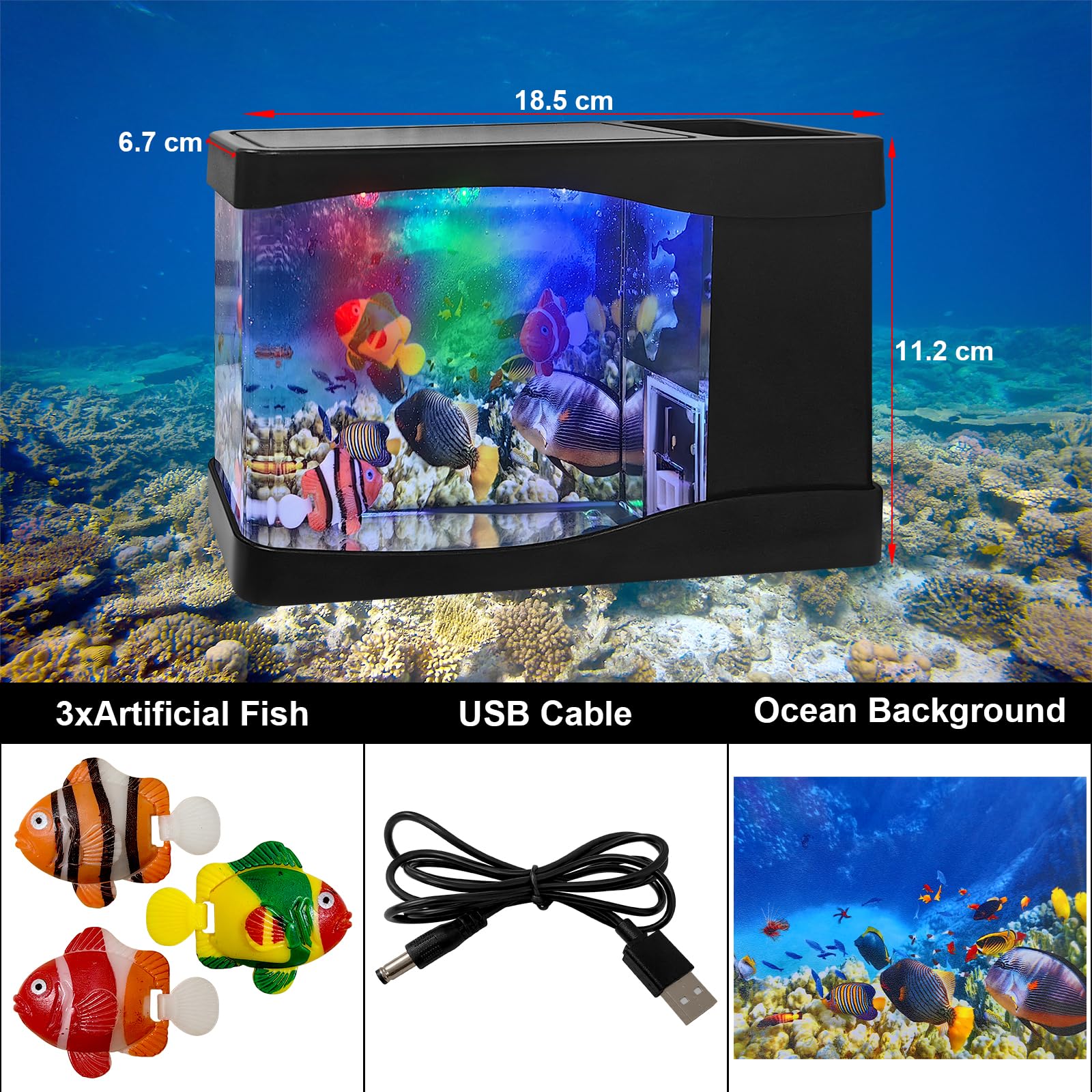 Lampada per Acquario, 3 Luci a LED per Acquario, Sfondi Colorati per Mini Acquario- 3 pesci Artificiali, Adatti per Ufficio, Camera da Letto, Soggiorno, Regali per Bambini o Gatti