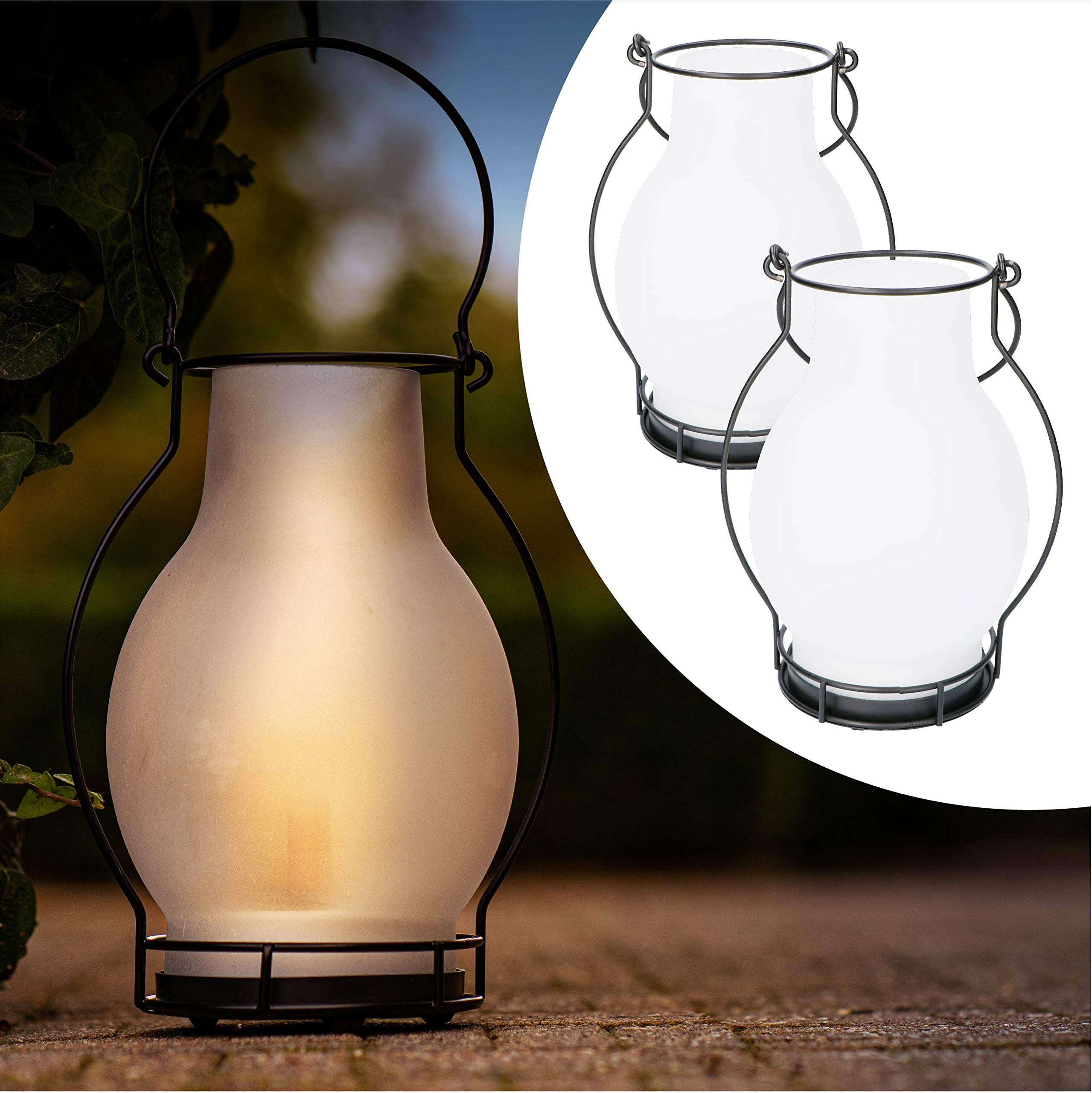 Proventa Dekorative LED Solar Laterne, 2 Stück, Glas/Metall, mit Flammeneffekt, Höhe 28 cm, inkl. Wechselakku, für Außen, IP44
