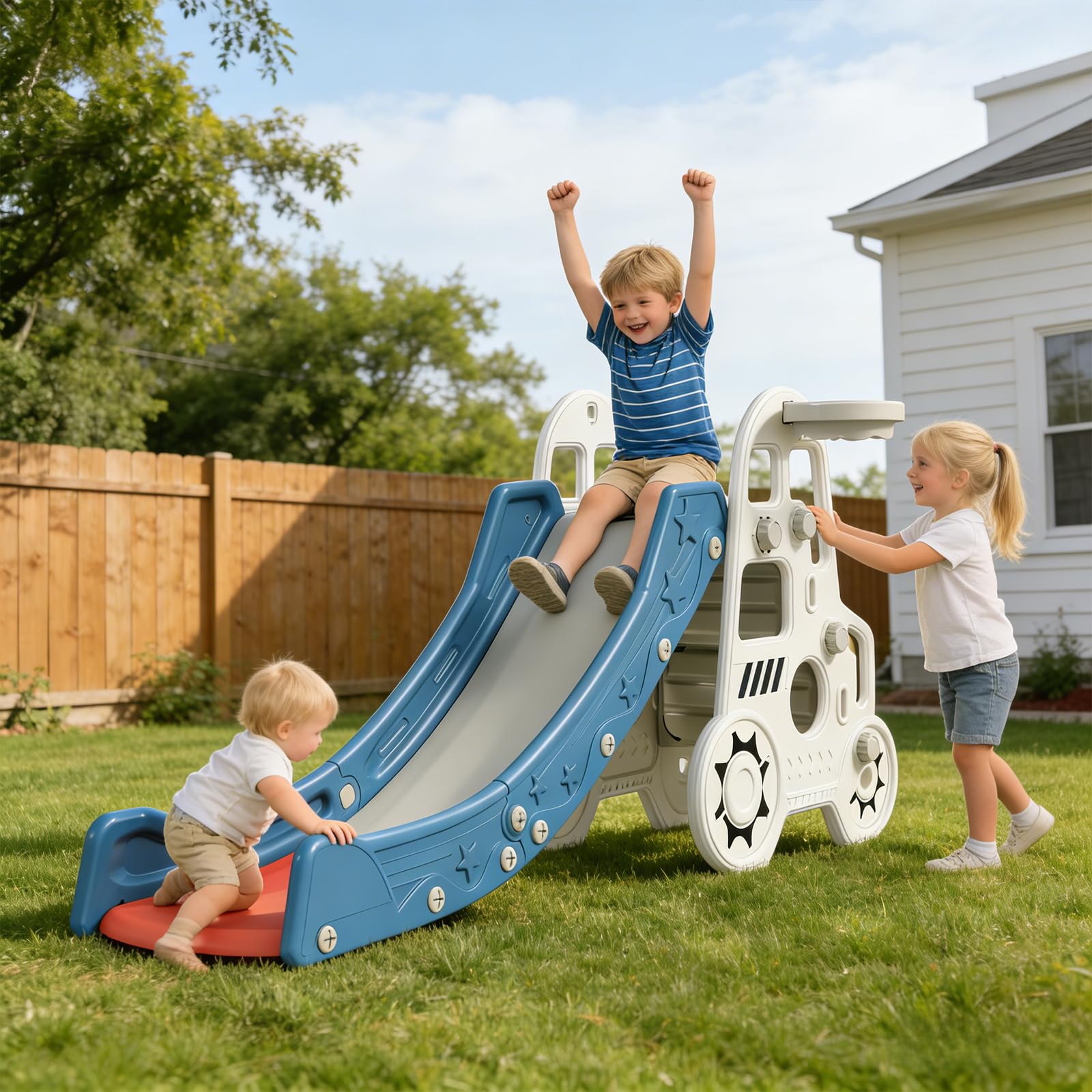 Kintness 3 in 1 Kleinkind Rutsche, Auto Design Kinder Rutsche Kletterer Spielset mit Basketballkorb Indoor & Outdoor Kleinkind Spielplatz mit Anti-Rutsch Stufen für Baby, Blau und Weiß
