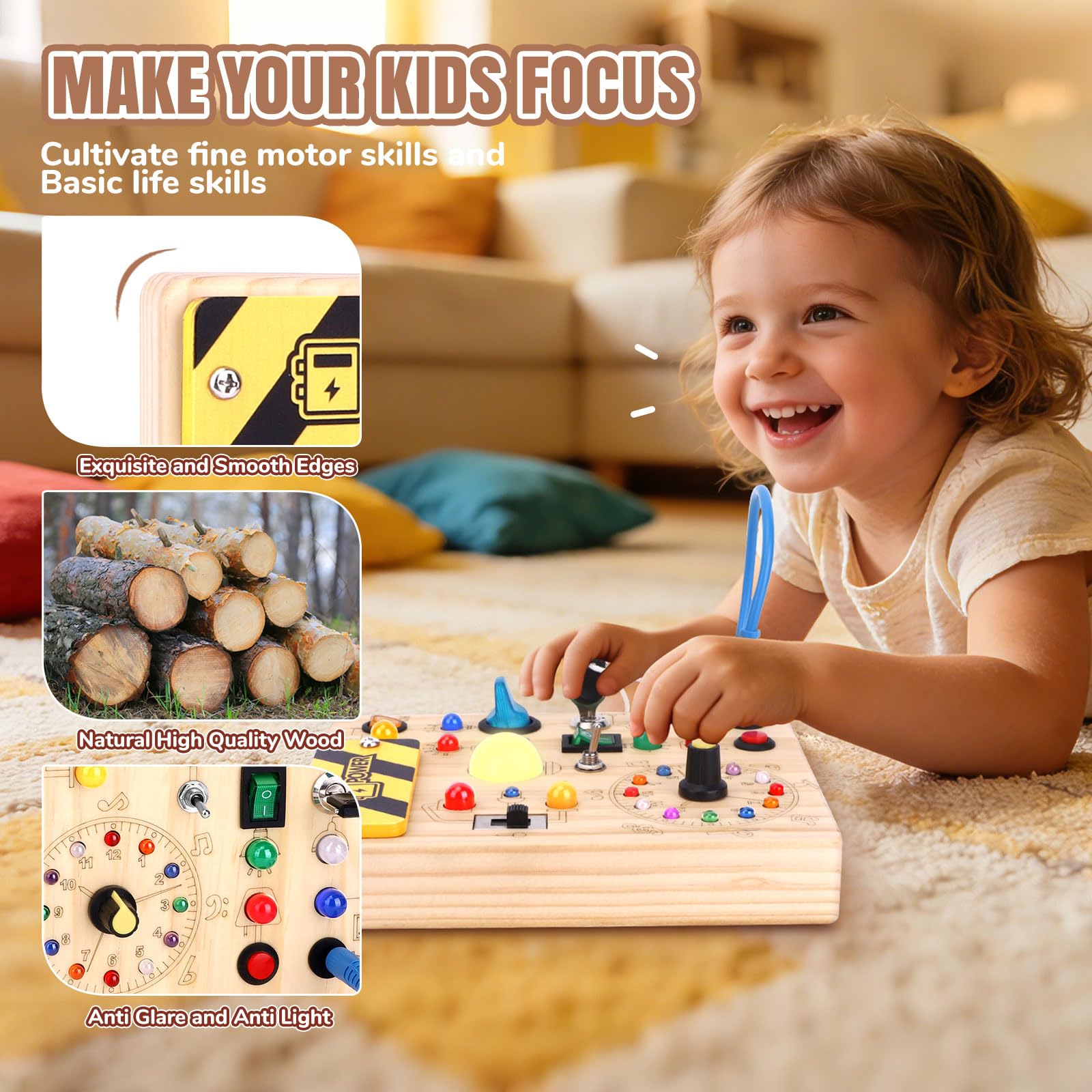Busy Board Montessori Giocattolo a partire da 1 Anno in Legno Giocattolo Motorico Activity Board Sensoriale Giocattolo Educativo con 10 Interruttori e 23 Luci LED per Bambini Piccoli Regalo per